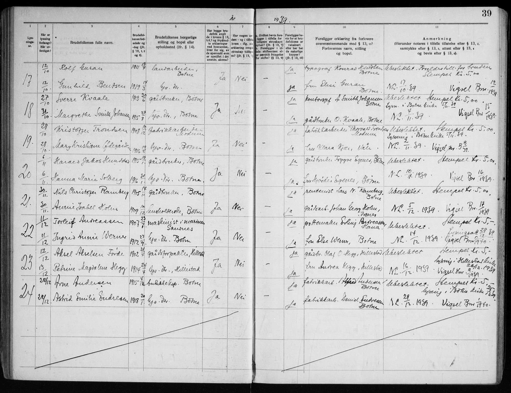 Botne kirkebøker, AV/SAKO-A-340/H/Ha/L0001: Lysningsprotokoll nr. 1, 1919-1965, s. 39