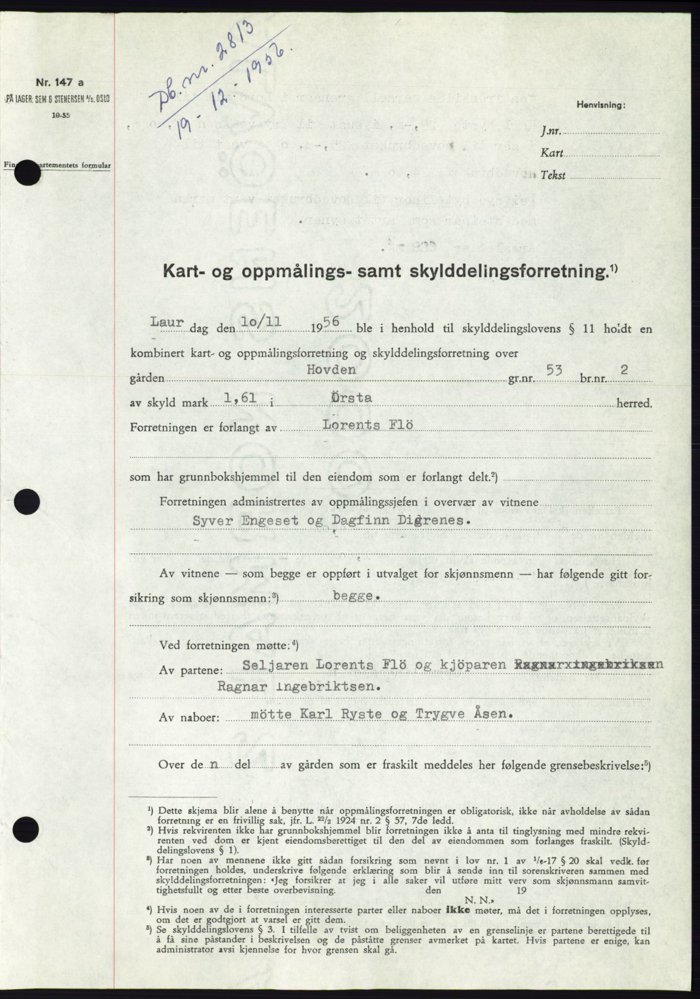 Søre Sunnmøre sorenskriveri, SAT/A-4122/1/2/2C/L0105: Pantebok nr. 31A, 1956-1957, Dagboknr: 2813/1956