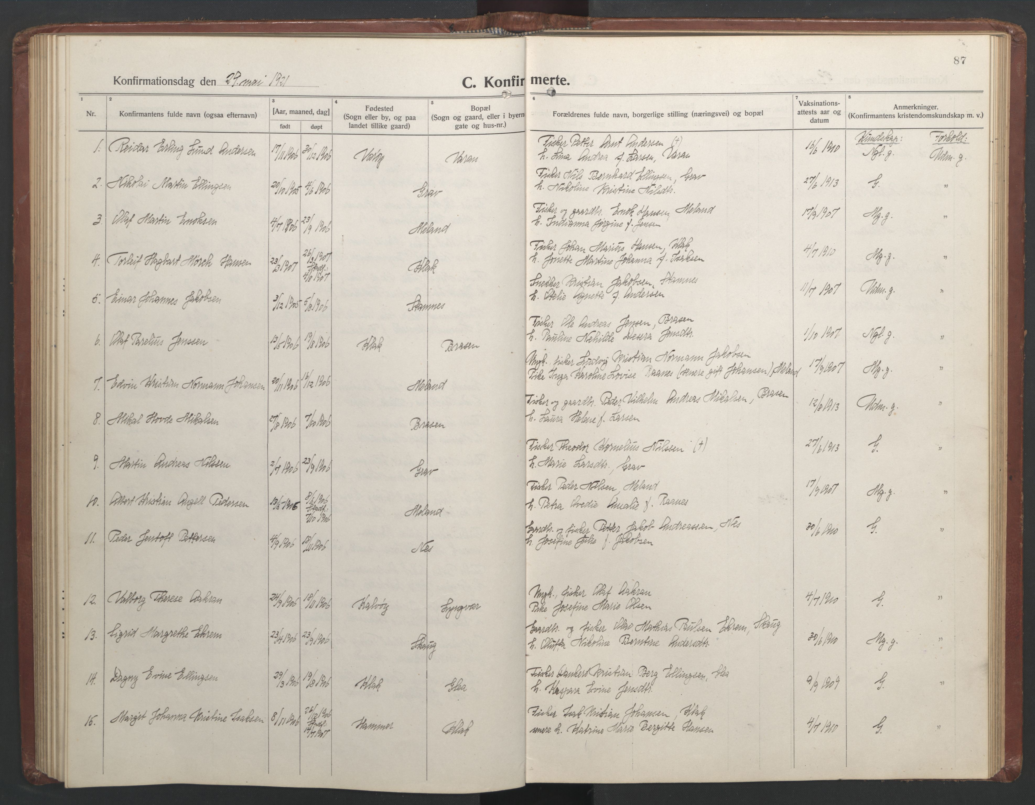 Ministerialprotokoller, klokkerbøker og fødselsregistre - Nordland, SAT/A-1459/808/L0132: Klokkerbok nr. 808C03, 1920-1946, s. 87