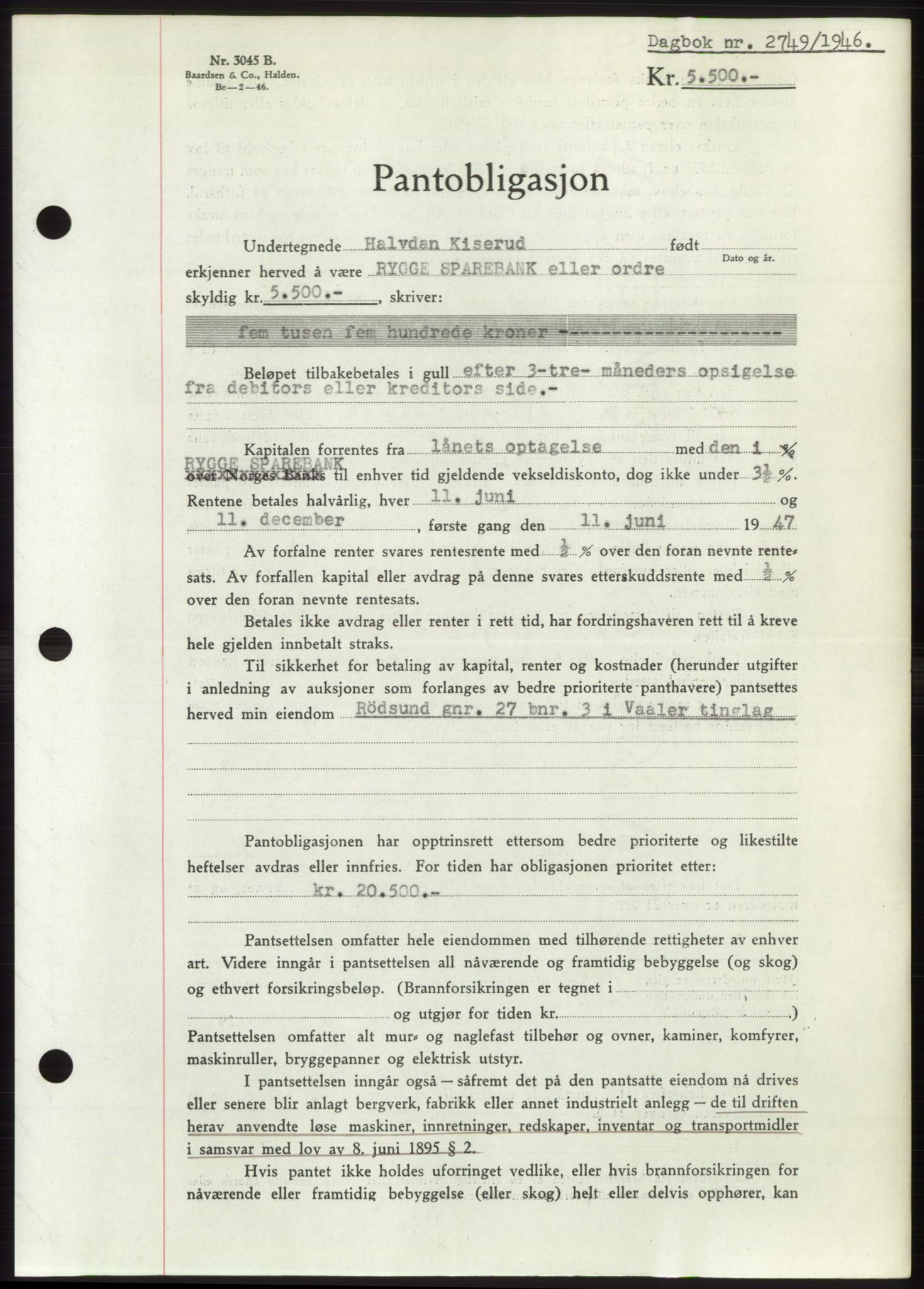 Moss sorenskriveri, SAO/A-10168: Pantebok nr. B16, 1946-1947, Dagboknr: 2749/1946