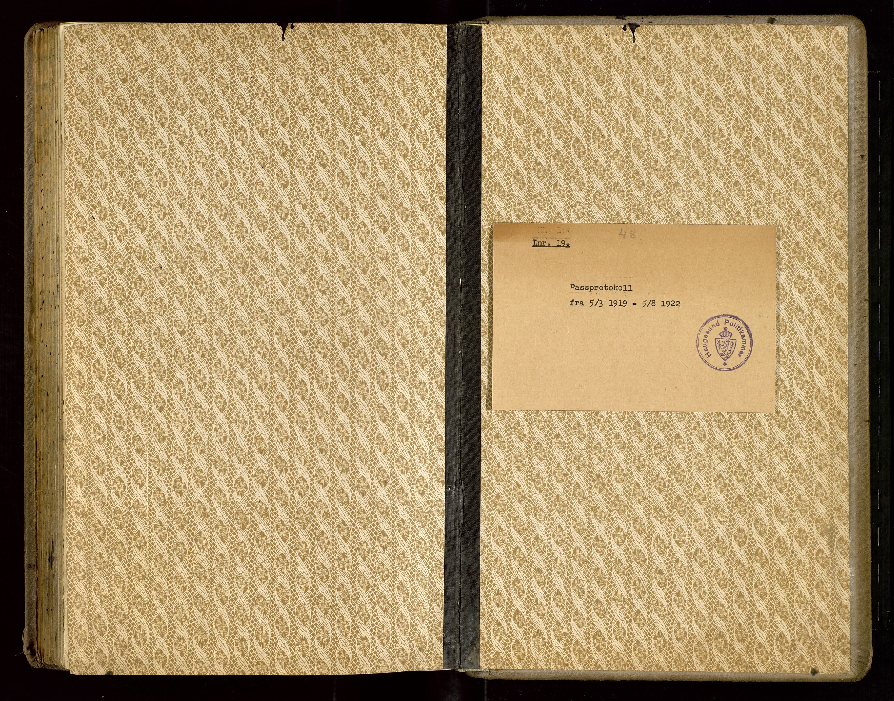 Haugesund politikammer, AV/SAST-A-100440/K/L0002: Passprotokoll 5. 3. 1919-5. 8. 1922, 1919-1922, s. 192