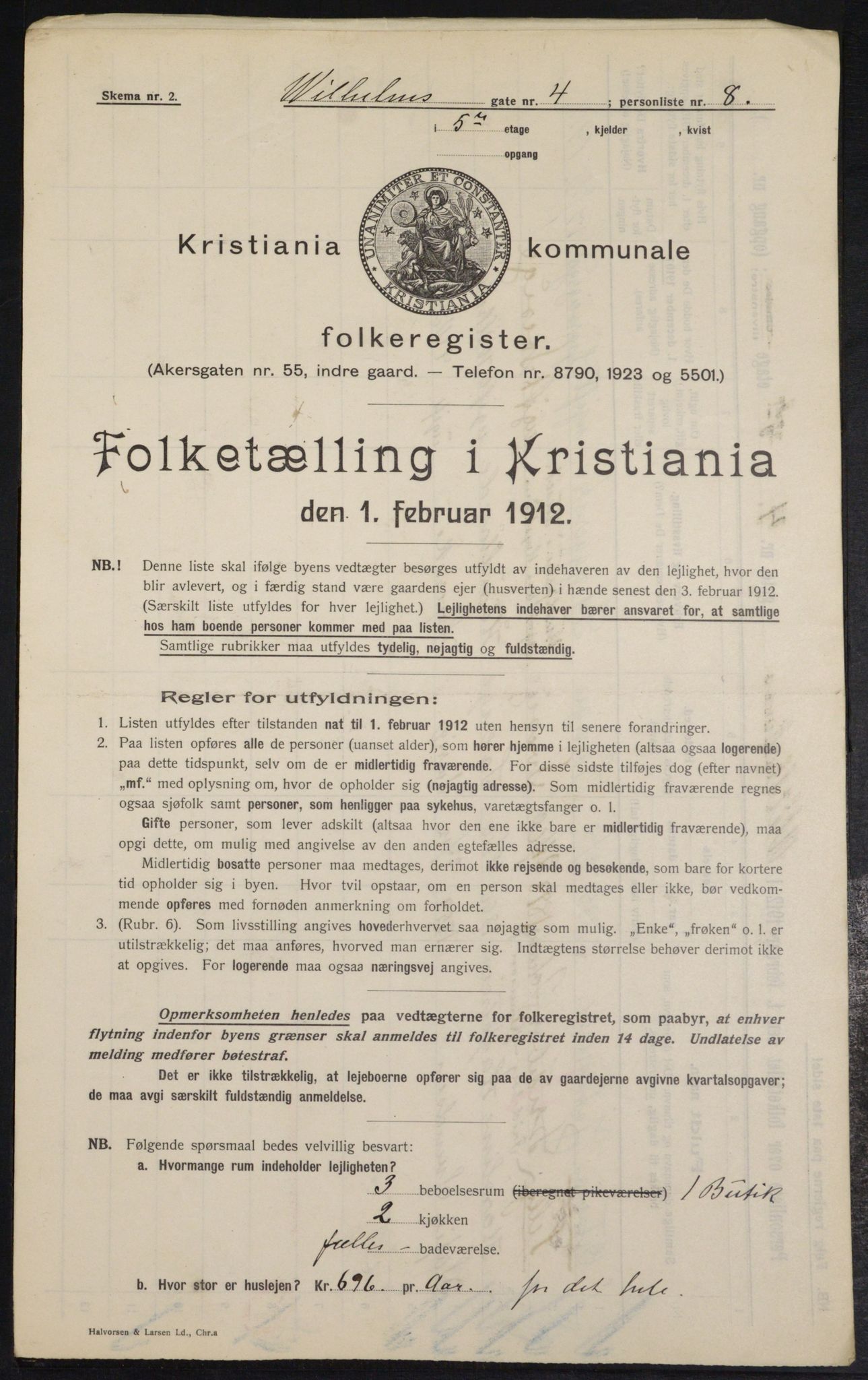 OBA, Kommunal folketelling 1.2.1912 for Kristiania, 1912, s. 128160