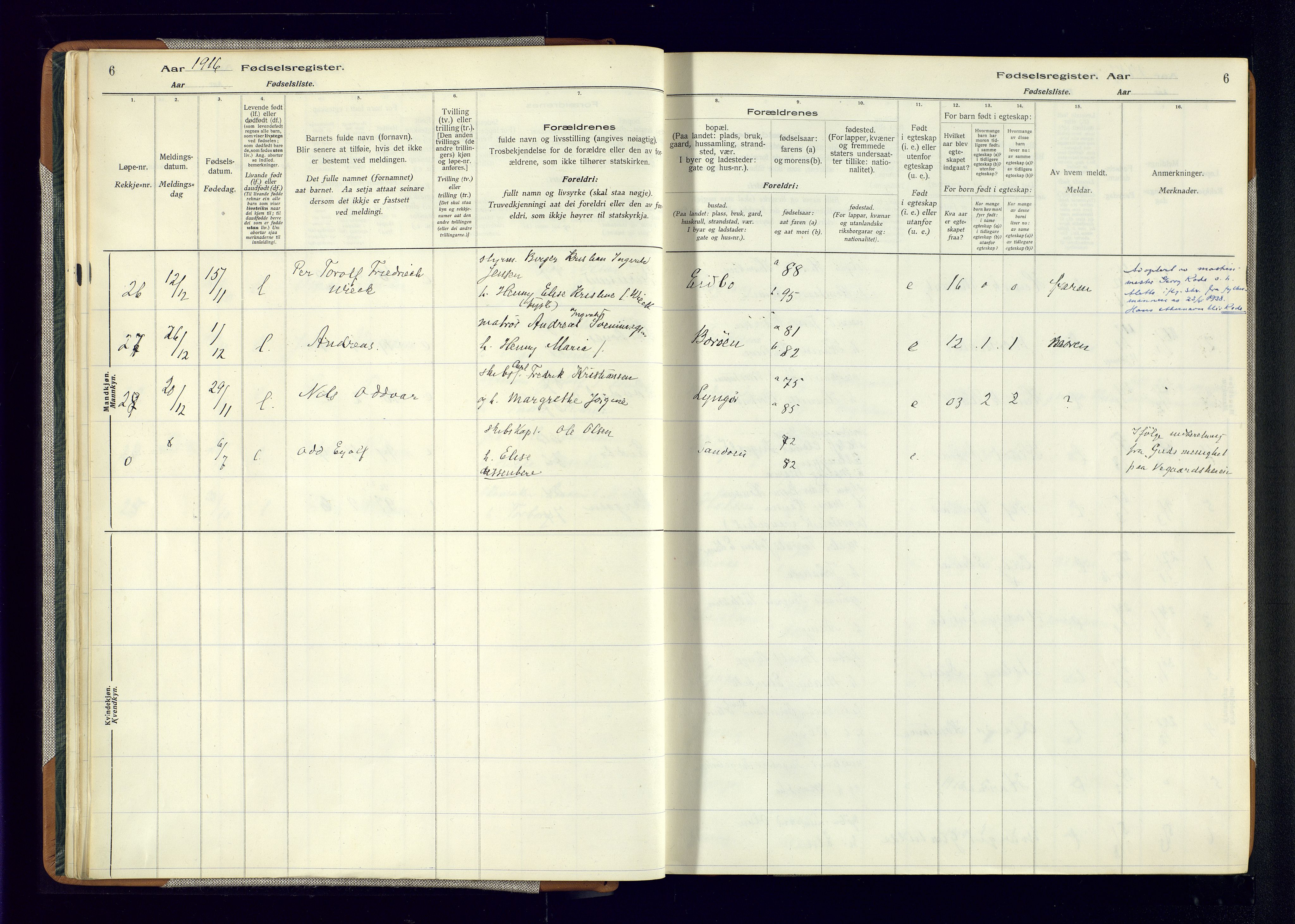 Dypvåg sokneprestkontor, AV/SAK-1111-0007/J/Ja/L0001: Fødselsregister nr. II.4.3, 1916-1975, s. 6