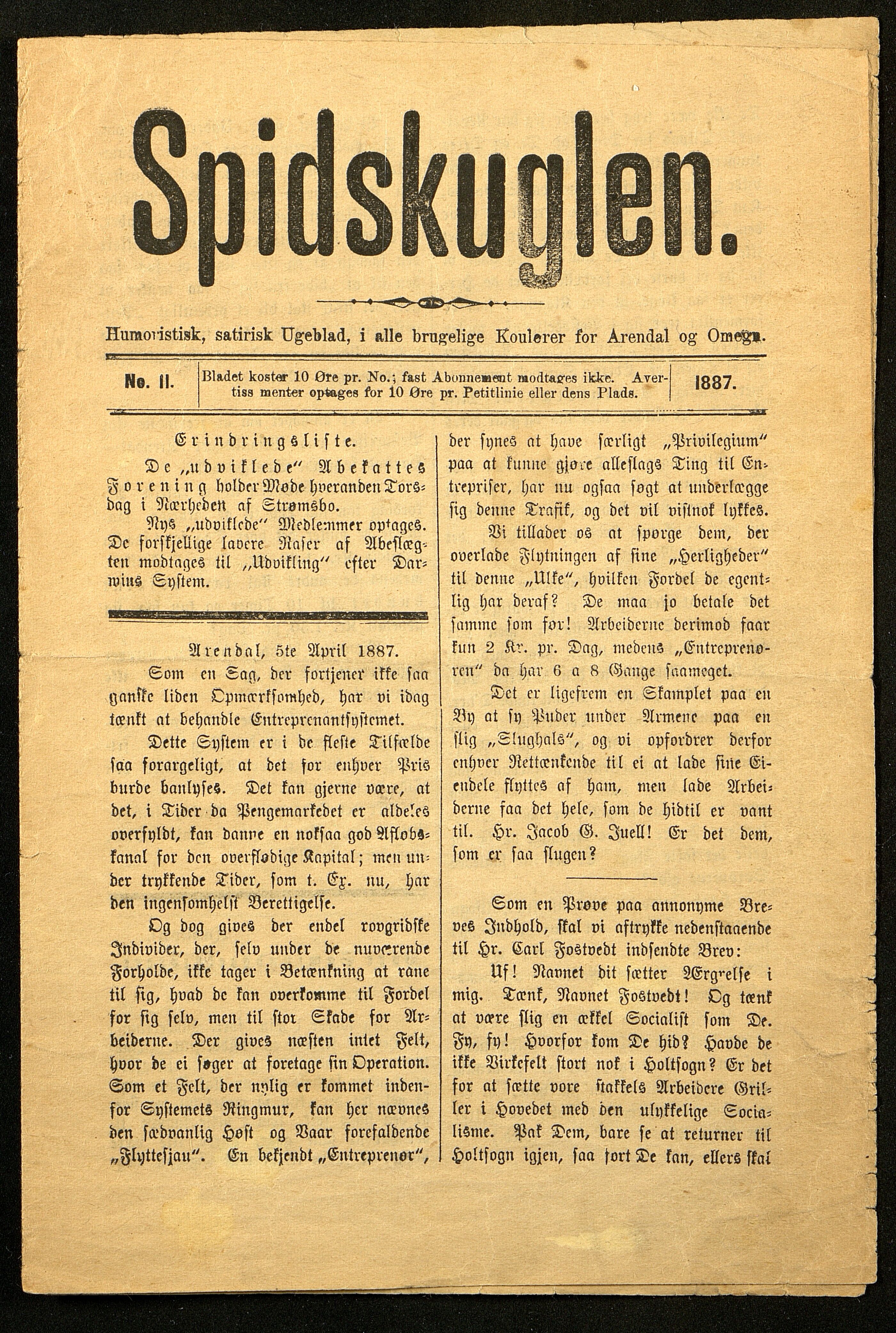 Spidskuglen, AAKS/PA-2823/X/L0001/0001: Spidskuglen / Årg. 1887, nr. 1–2, 4–23, 25–36, 1887