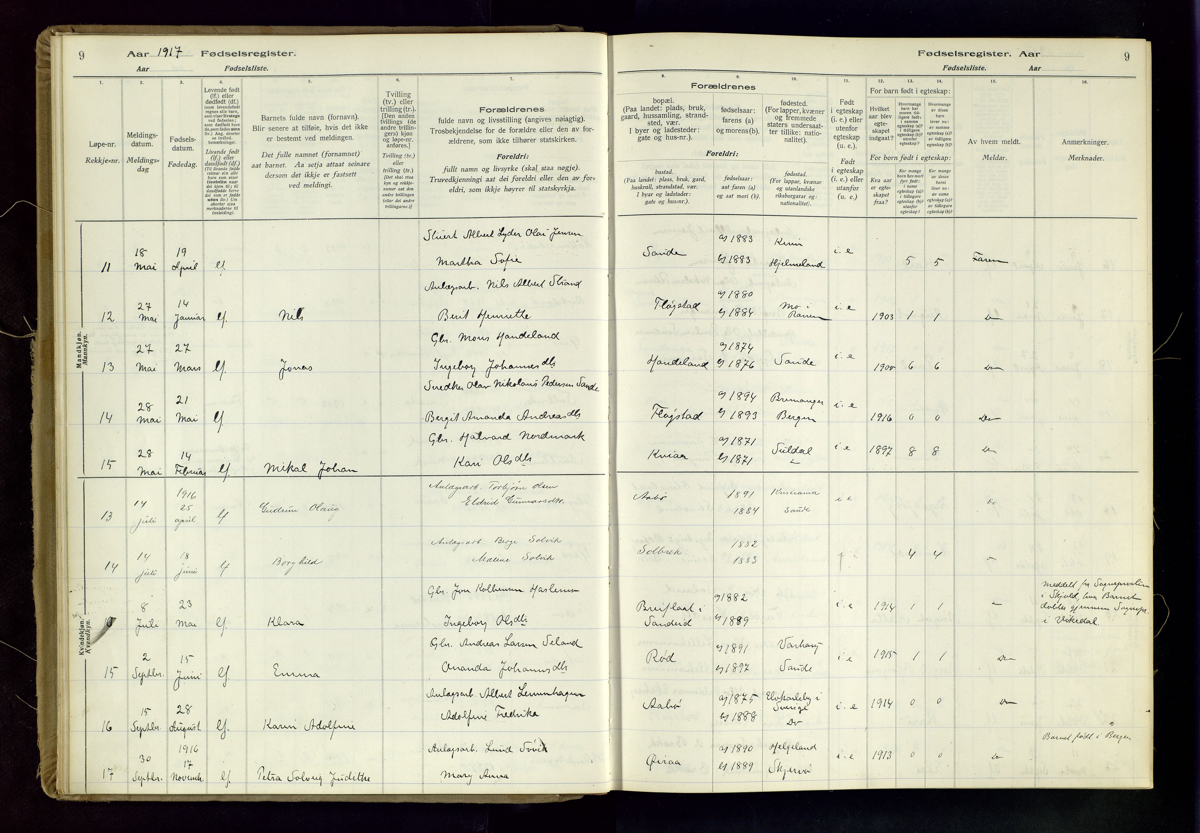 Sand sokneprestkontor, AV/SAST-A-101848/03/C/L0003: Fødselsregister nr. 3, 1916-1936, s. 9