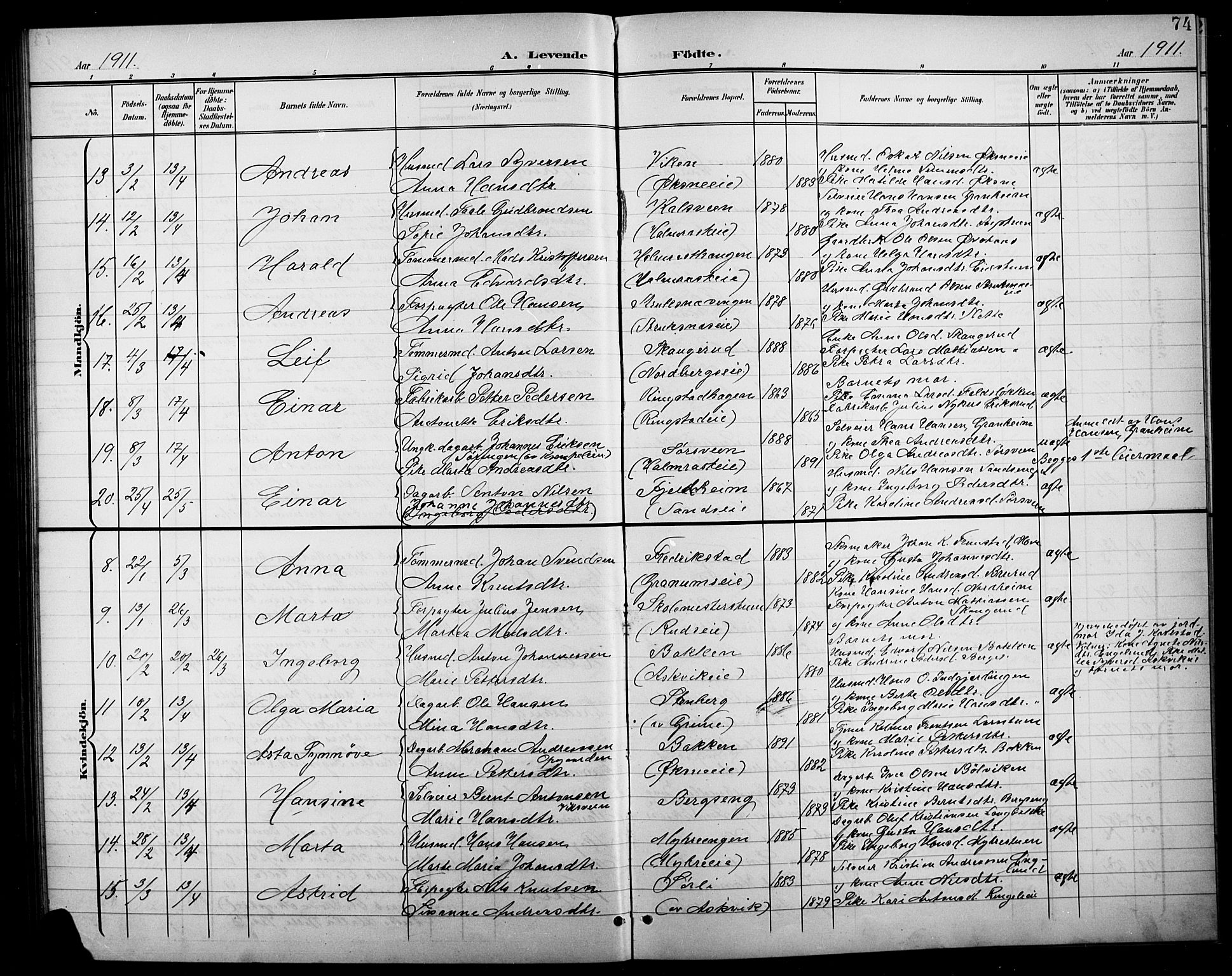 Søndre Land prestekontor, AV/SAH-PREST-122/L/L0004: Klokkerbok nr. 4, 1901-1915, s. 74