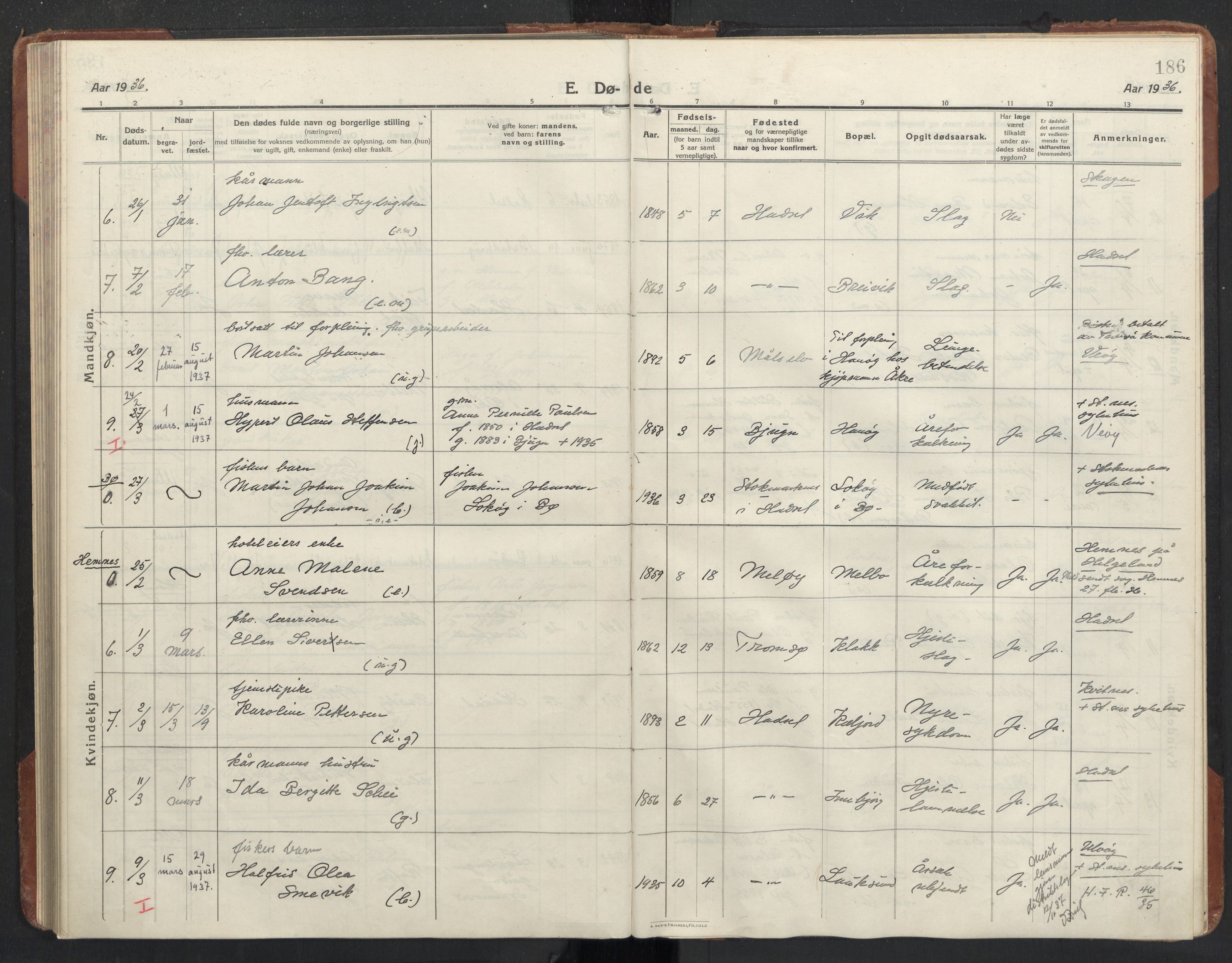 Ministerialprotokoller, klokkerbøker og fødselsregistre - Nordland, AV/SAT-A-1459/888/L1269: Klokkerbok nr. 888C11, 1913-1937, s. 186