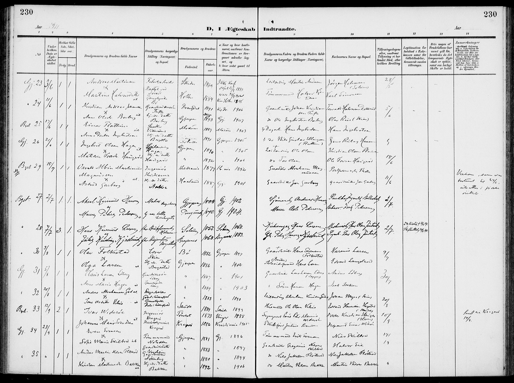Gjerpen kirkebøker, AV/SAKO-A-265/F/Fa/L0012: Ministerialbok nr. I 12, 1905-1913, s. 230
