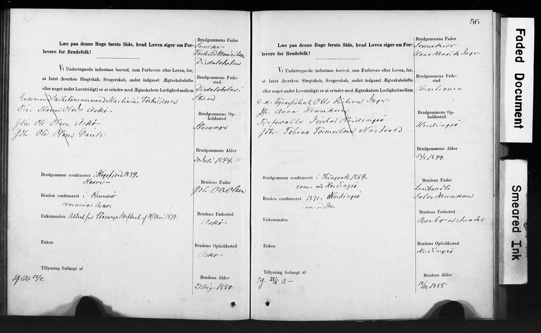 Rennesøy sokneprestkontor, AV/SAST-A -101827/I/Ie/L0001: Lysningsprotokoll nr. 1, 1873-1898, s. 56