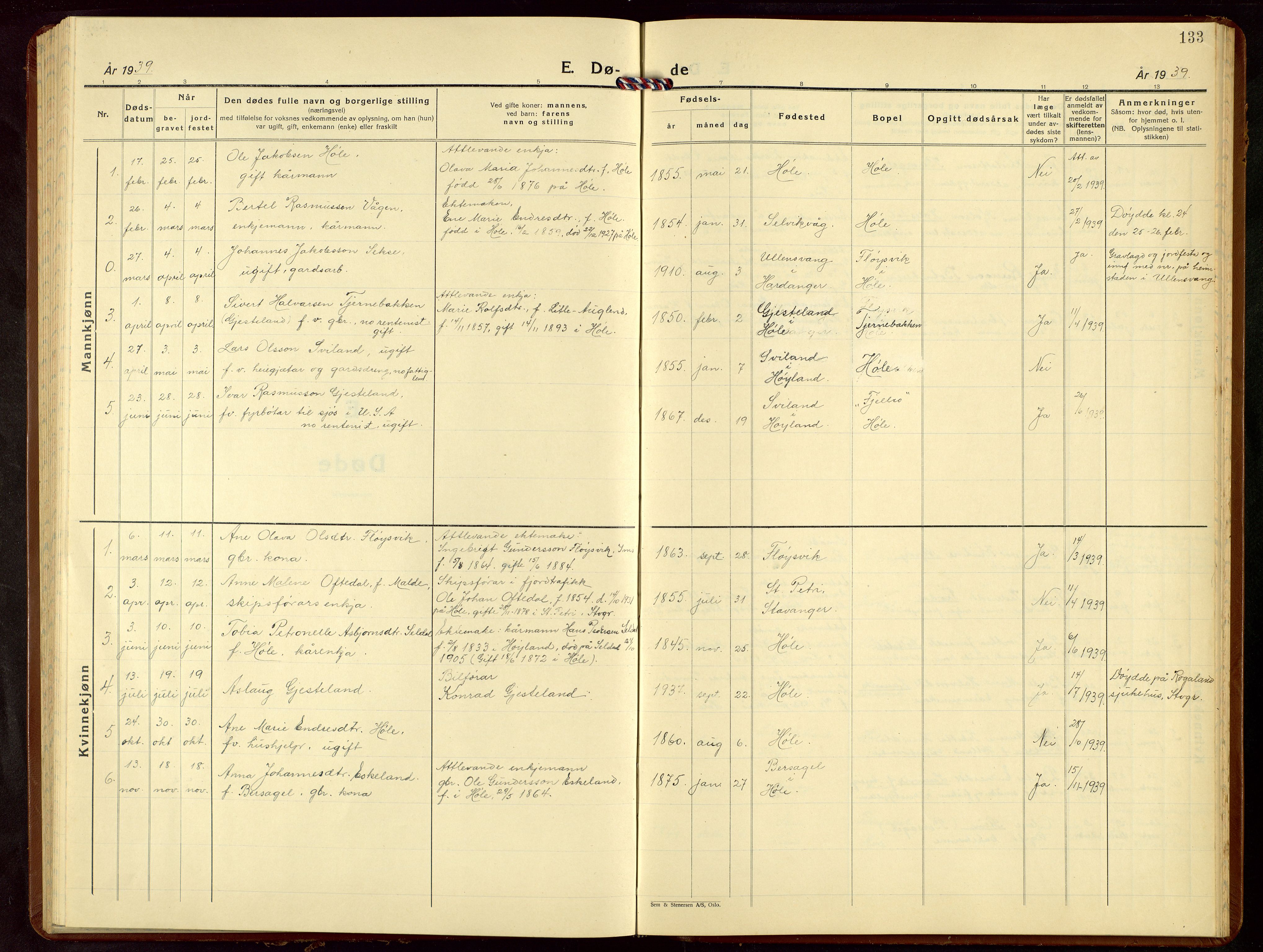 Høgsfjord sokneprestkontor, AV/SAST-A-101624/H/Ha/Hab/L0006: Klokkerbok nr. B 6, 1939-1965, s. 133