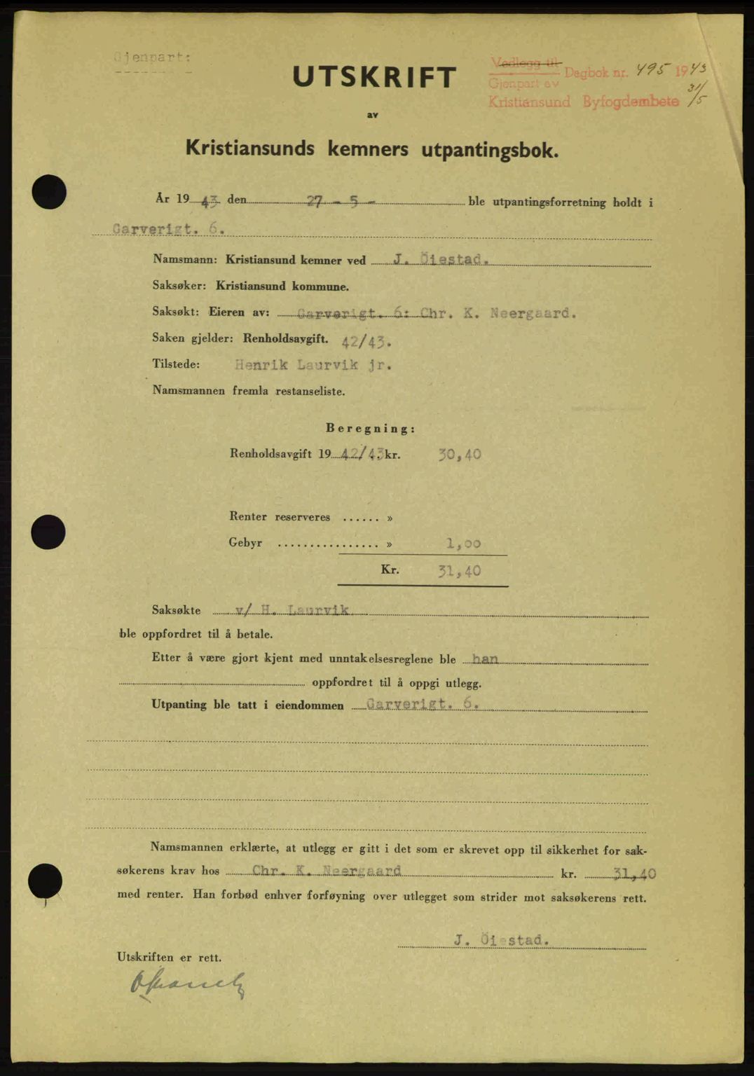 Kristiansund byfogd, SAT/A-4587/A/27: Pantebok nr. 36, 1942-1943, Dagboknr: 495/1943