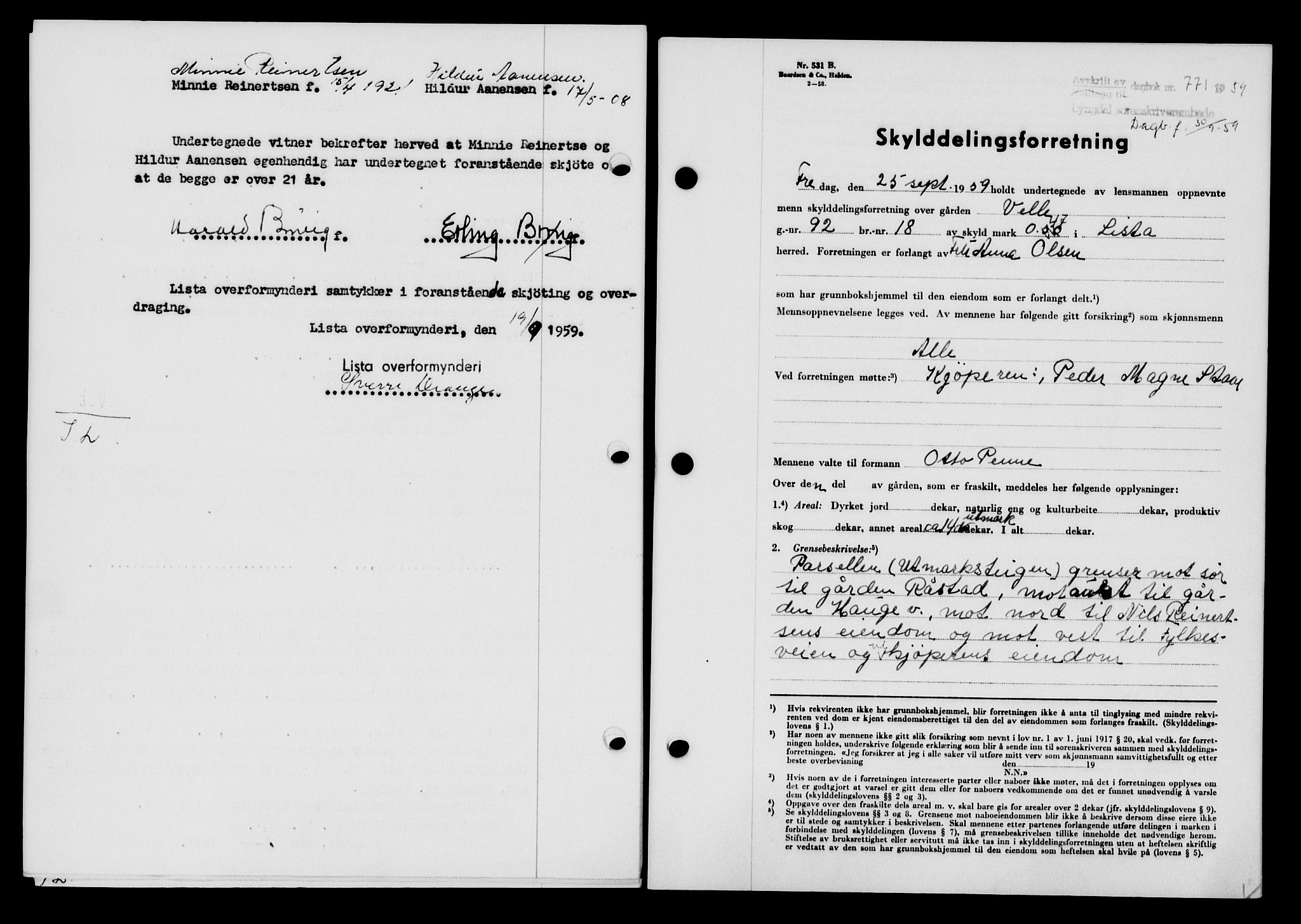 Lyngdal sorenskriveri, AV/SAK-1221-0004/G/Gb/L0679: Pantebok nr. A XXV, 1959-1960, Dagboknr: 771/1959