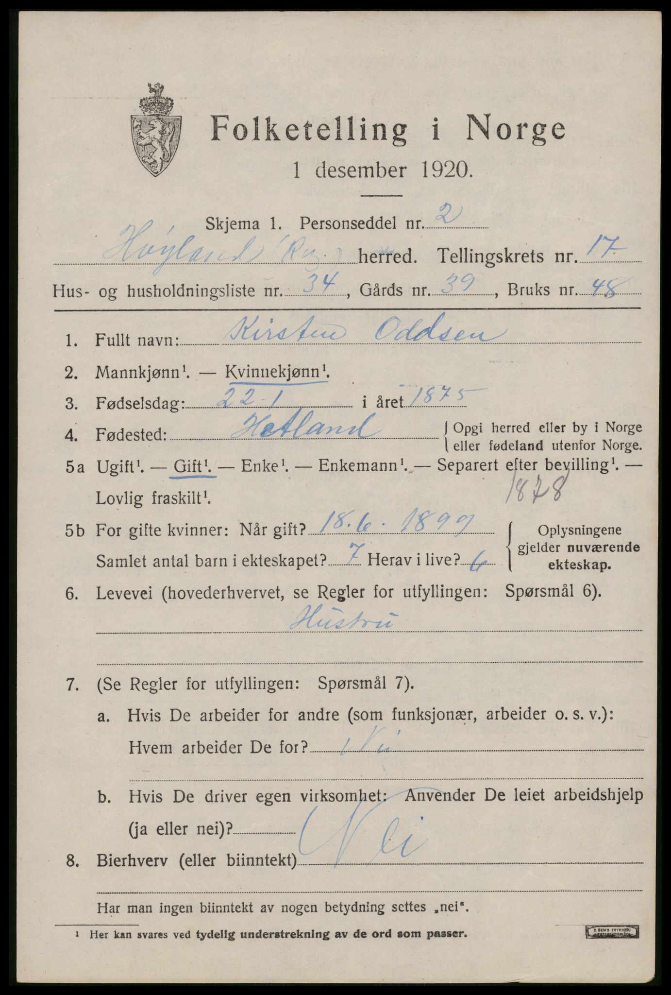 SAST, Folketelling 1920 for 1123 Høyland herred, 1920, s. 16010