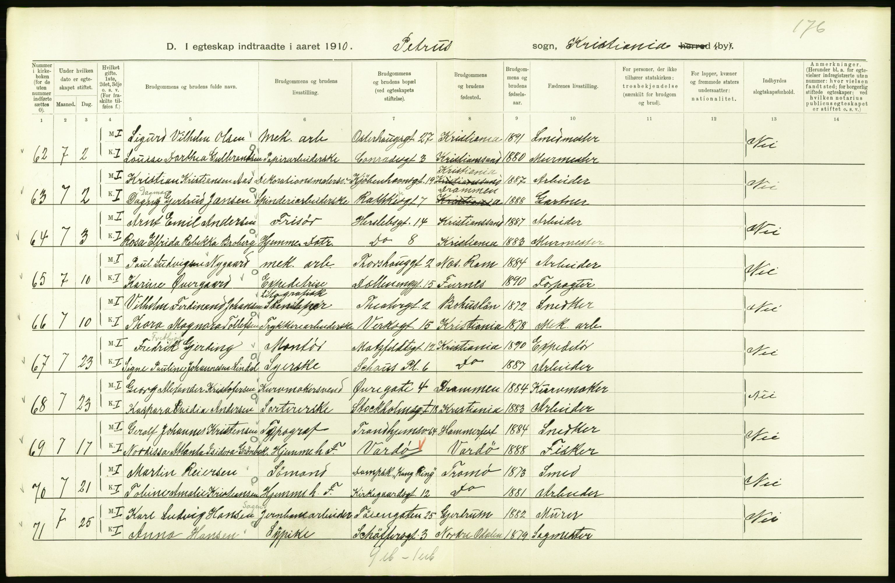 Statistisk sentralbyrå, Sosiodemografiske emner, Befolkning, AV/RA-S-2228/D/Df/Dfa/Dfah/L0009: Kristiania: Gifte og dødfødte., 1910, s. 240