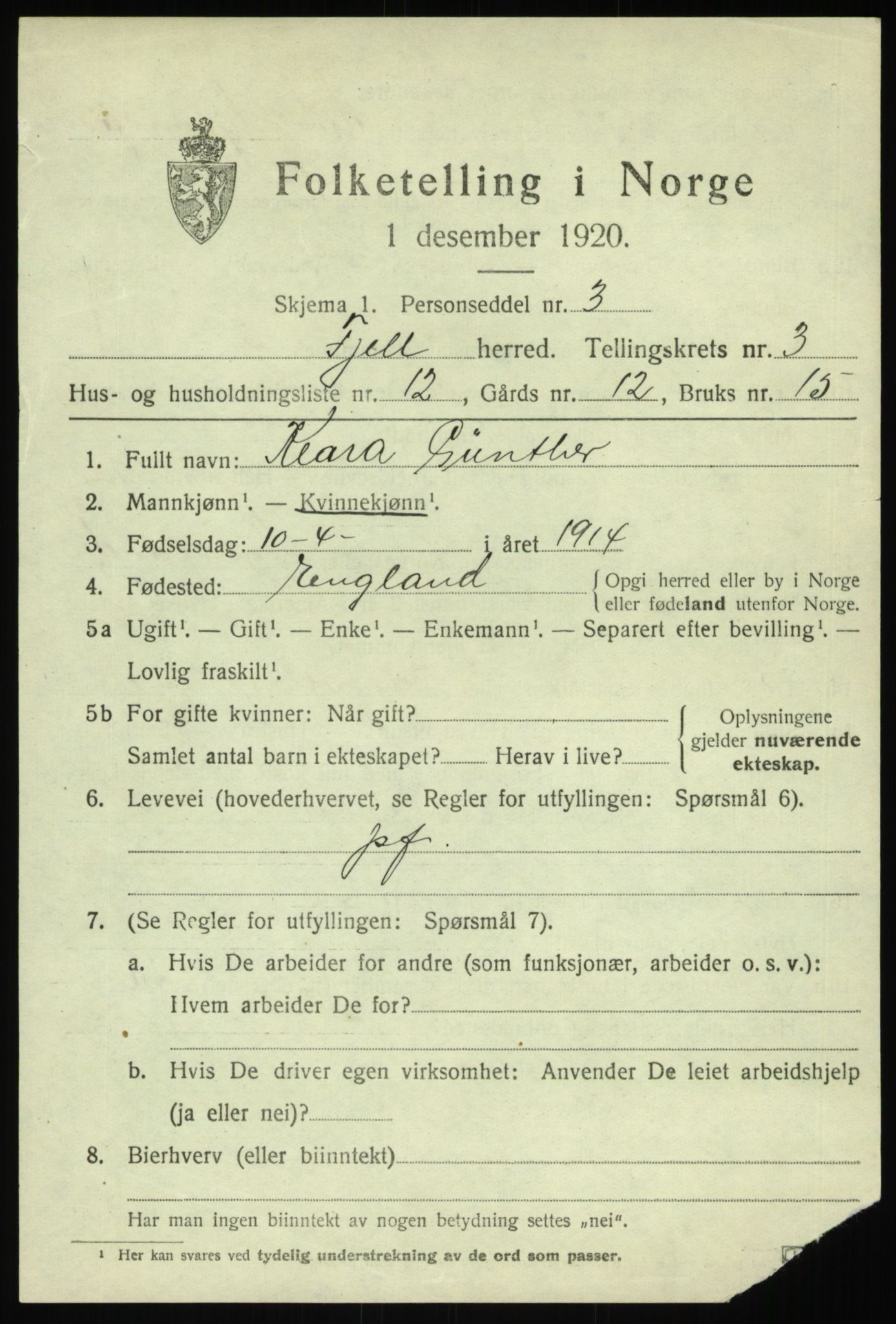 SAB, Folketelling 1920 for 1246 Fjell herred, 1920, s. 3124