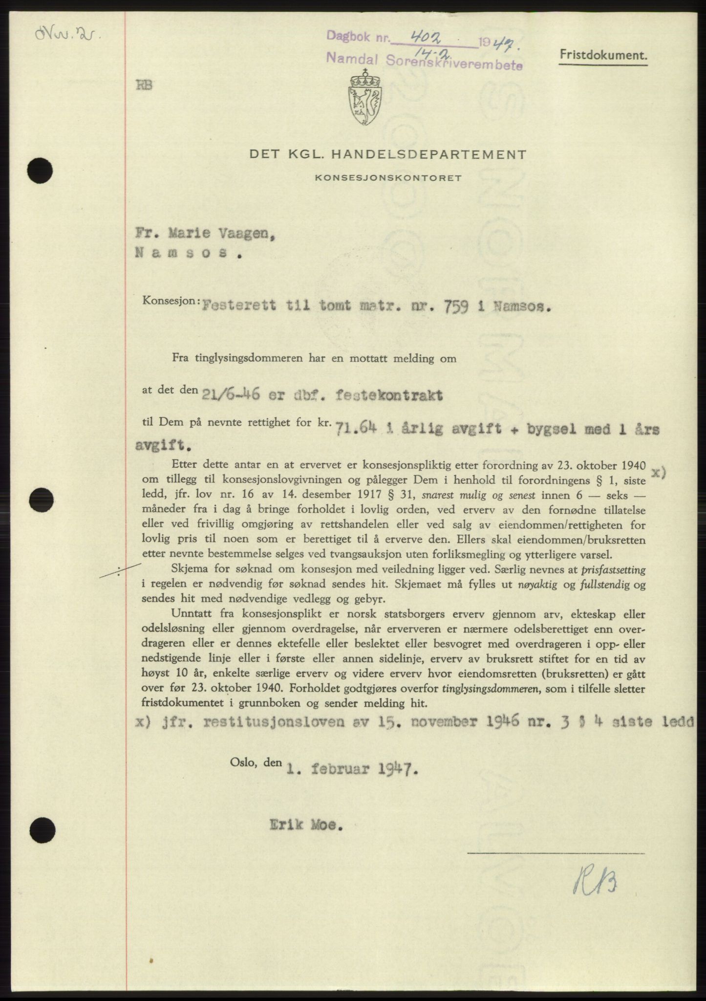 Namdal sorenskriveri, SAT/A-4133/1/2/2C: Pantebok nr. -, 1946-1947, Dagboknr: 402/1947