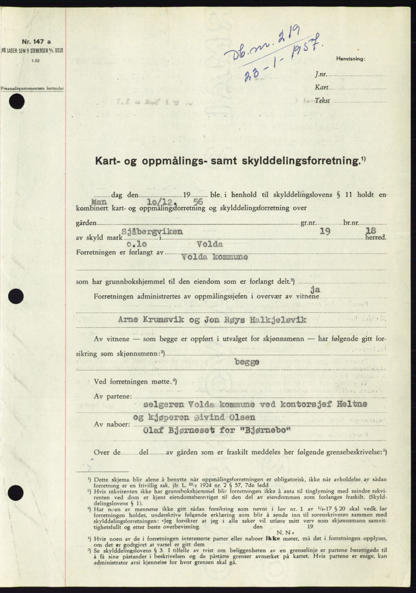 Søre Sunnmøre sorenskriveri, SAT/A-4122/1/2/2C/L0105: Pantebok nr. 31A, 1956-1957, Dagboknr: 219/1957