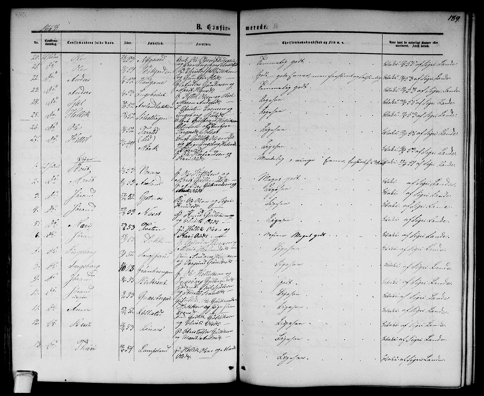 Flesberg kirkebøker, AV/SAKO-A-18/G/Ga/L0003: Klokkerbok nr. I 3, 1861-1889, s. 189