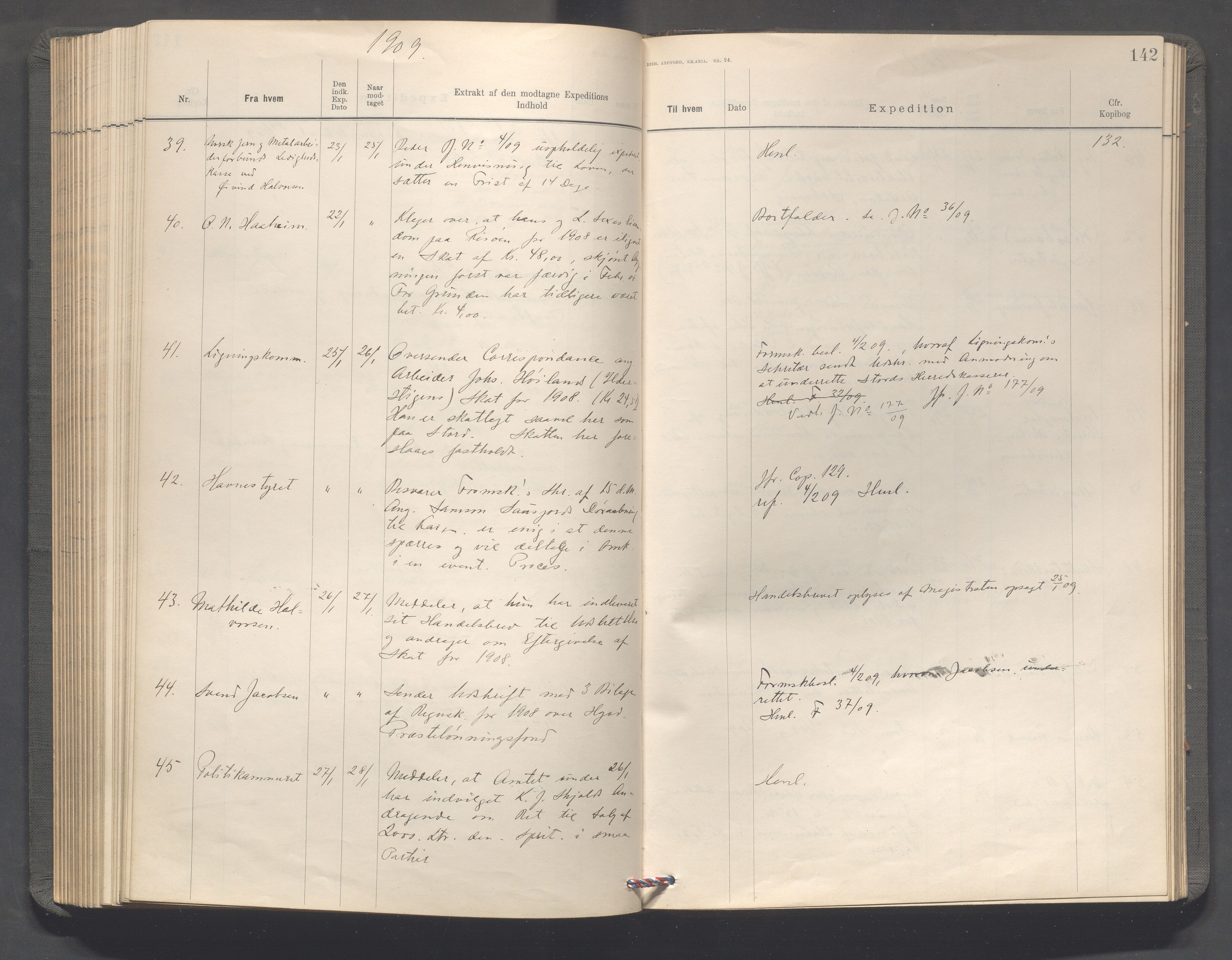 Haugesund kommune - Formannskapet, IKAR/X-0001/C/L0003: Journal, 1907-1910, s. 142