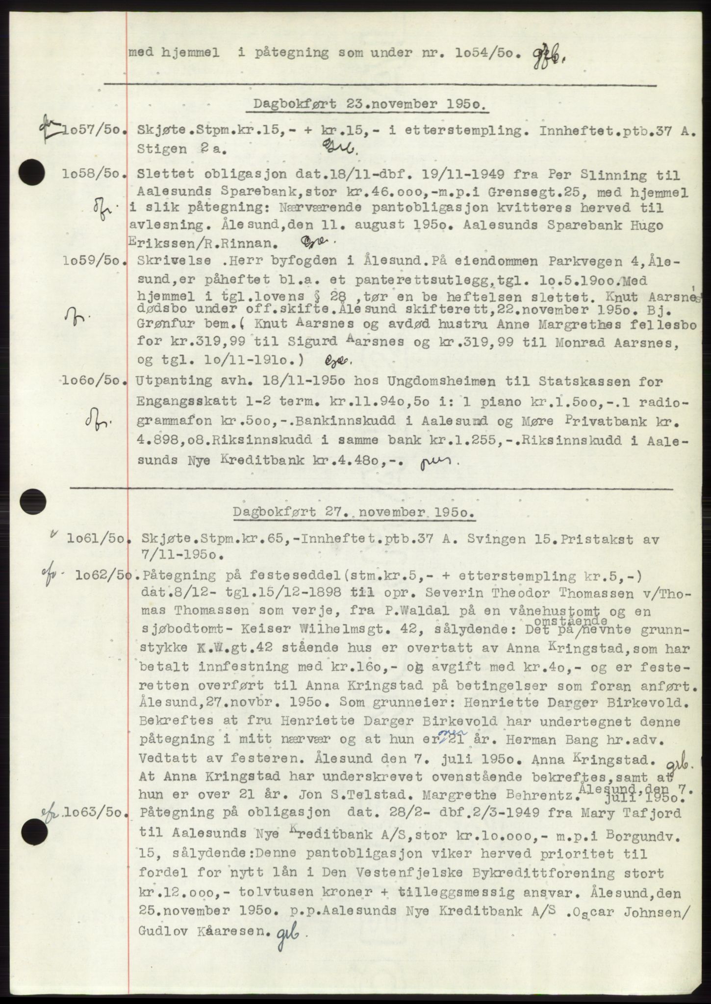 Ålesund byfogd, AV/SAT-A-4384: Pantebok nr. C37, 1950-1951, Dagboknr: 1057/1950