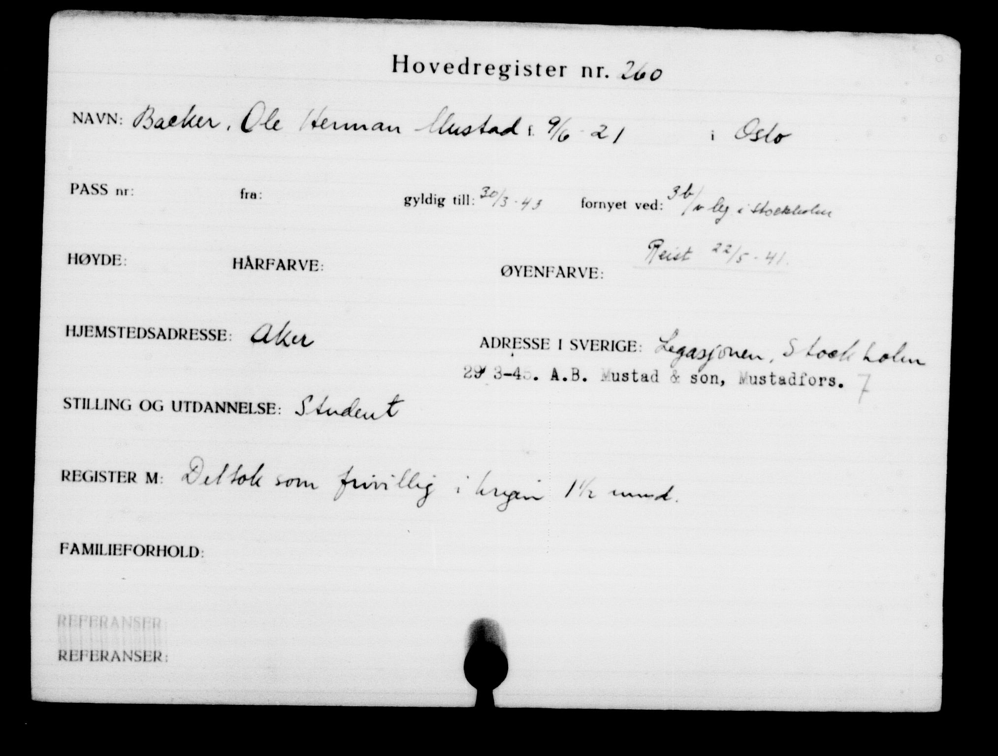 Utenriksstasjonene, Legasjonen i Stockholm, Flyktningkontoret, AV/RA-S-6753/V/Va/L0001: Kjesäterkartoteket, flyktninger med registreringsnr. 1-1000, 1940-1945, s. 417