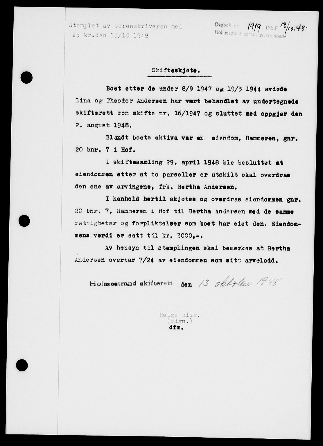Holmestrand sorenskriveri, SAKO/A-67/G/Ga/Gaa/L0065: Pantebok nr. A-65, 1948-1949, Dagboknr: 1919/1948