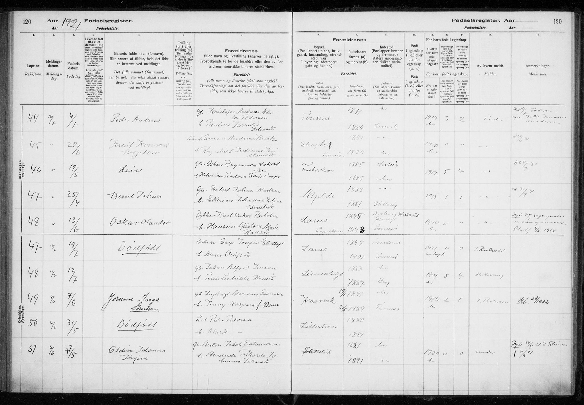 Tromsøysund sokneprestkontor, AV/SATØ-S-1304/H/Ha/L0079: Fødselsregister nr. 79, 1916-1924, s. 120