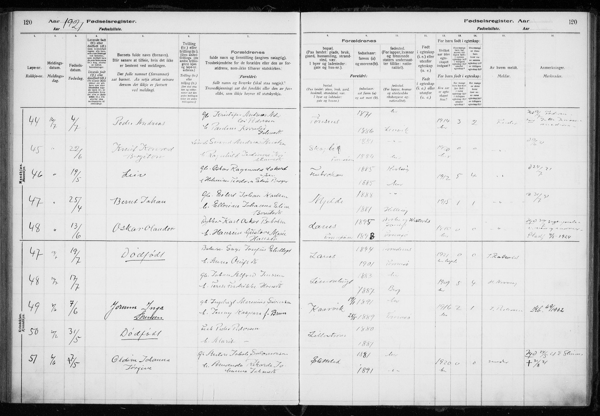 Tromsøysund sokneprestkontor, SATØ/S-1304/H/Ha/L0079: Fødselsregister nr. 79, 1916-1924, s. 120