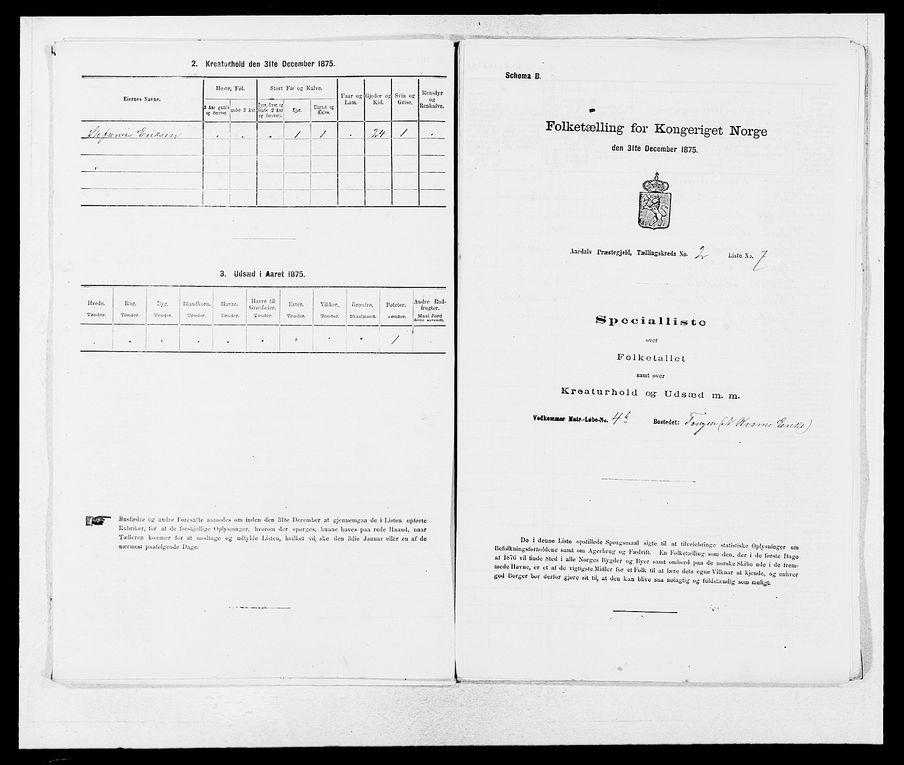 SAB, Folketelling 1875 for 1424P Årdal prestegjeld, 1875, s. 190