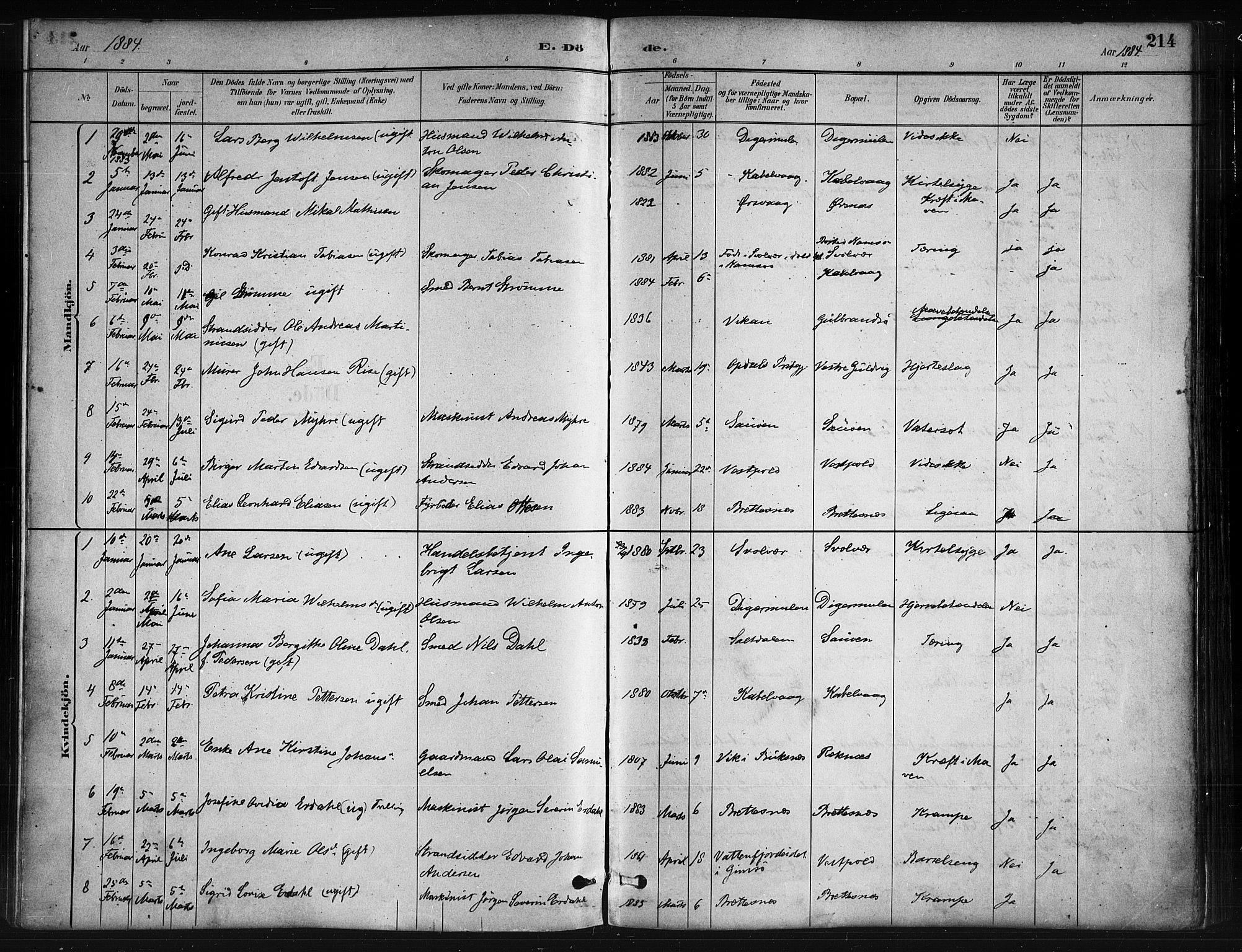 Ministerialprotokoller, klokkerbøker og fødselsregistre - Nordland, SAT/A-1459/874/L1059: Ministerialbok nr. 874A03, 1884-1890, s. 214