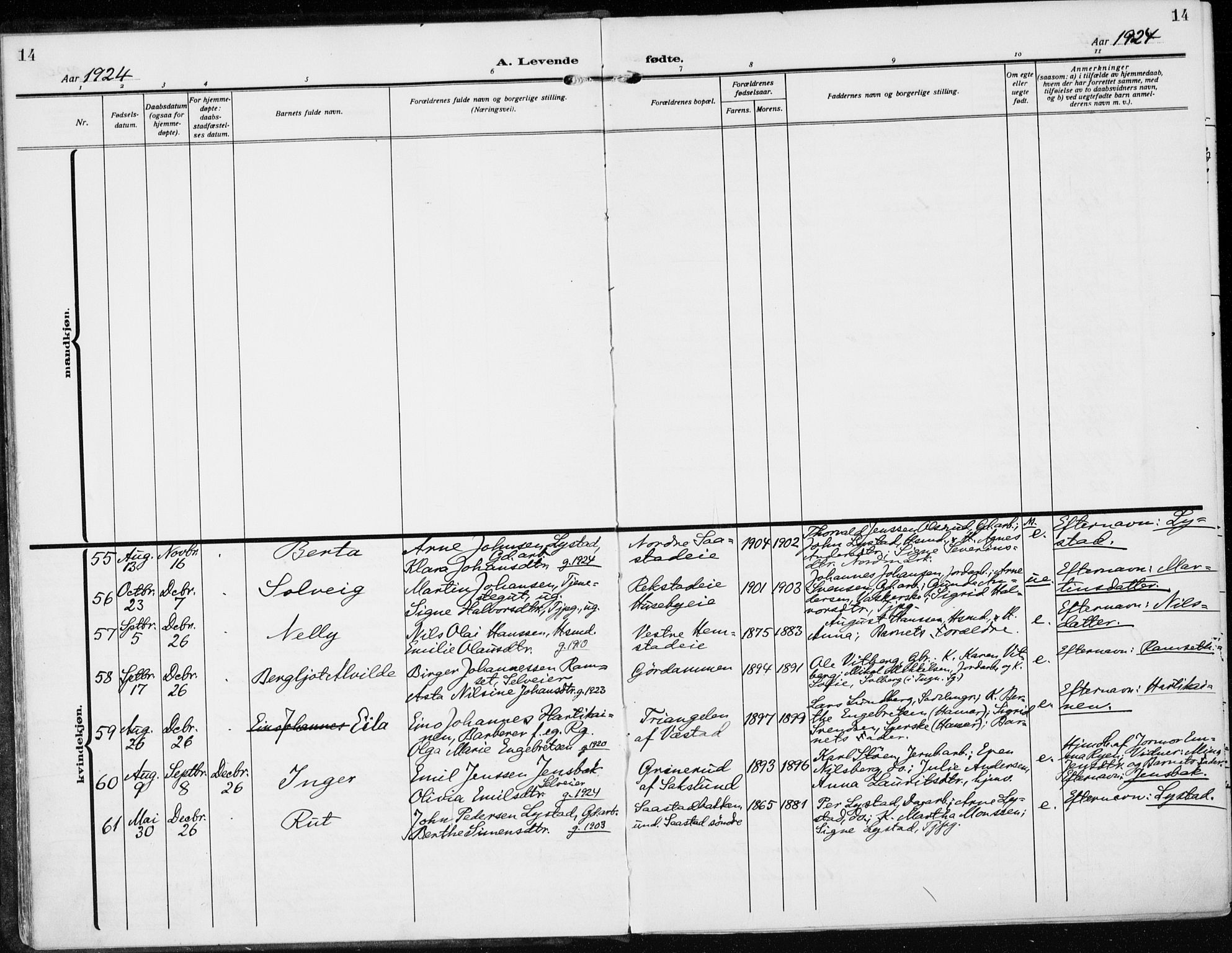 Stange prestekontor, AV/SAH-PREST-002/K/L0026: Ministerialbok nr. 26, 1923-1937, s. 14