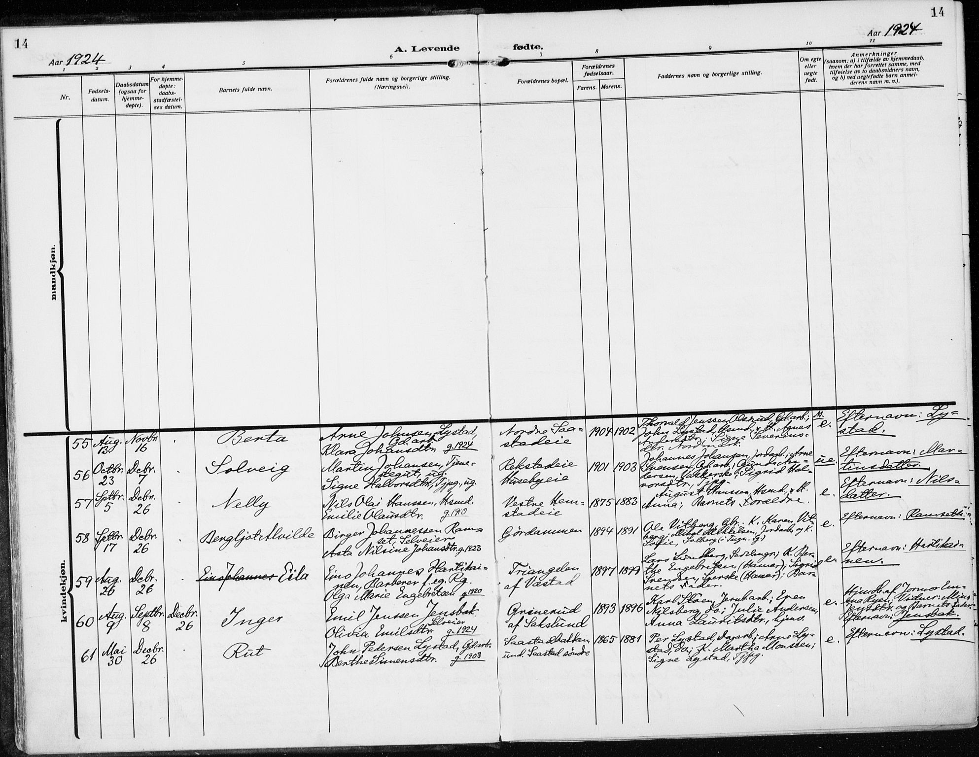 Stange prestekontor, SAH/PREST-002/K/L0026: Ministerialbok nr. 26, 1923-1937, s. 14