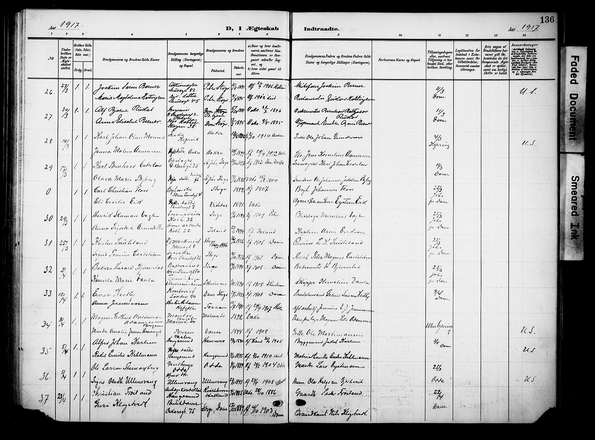 Domkirken sokneprestkontor, AV/SAST-A-101812/001/30/30BB/L0017: Klokkerbok nr. B 17, 1902-1921, s. 136