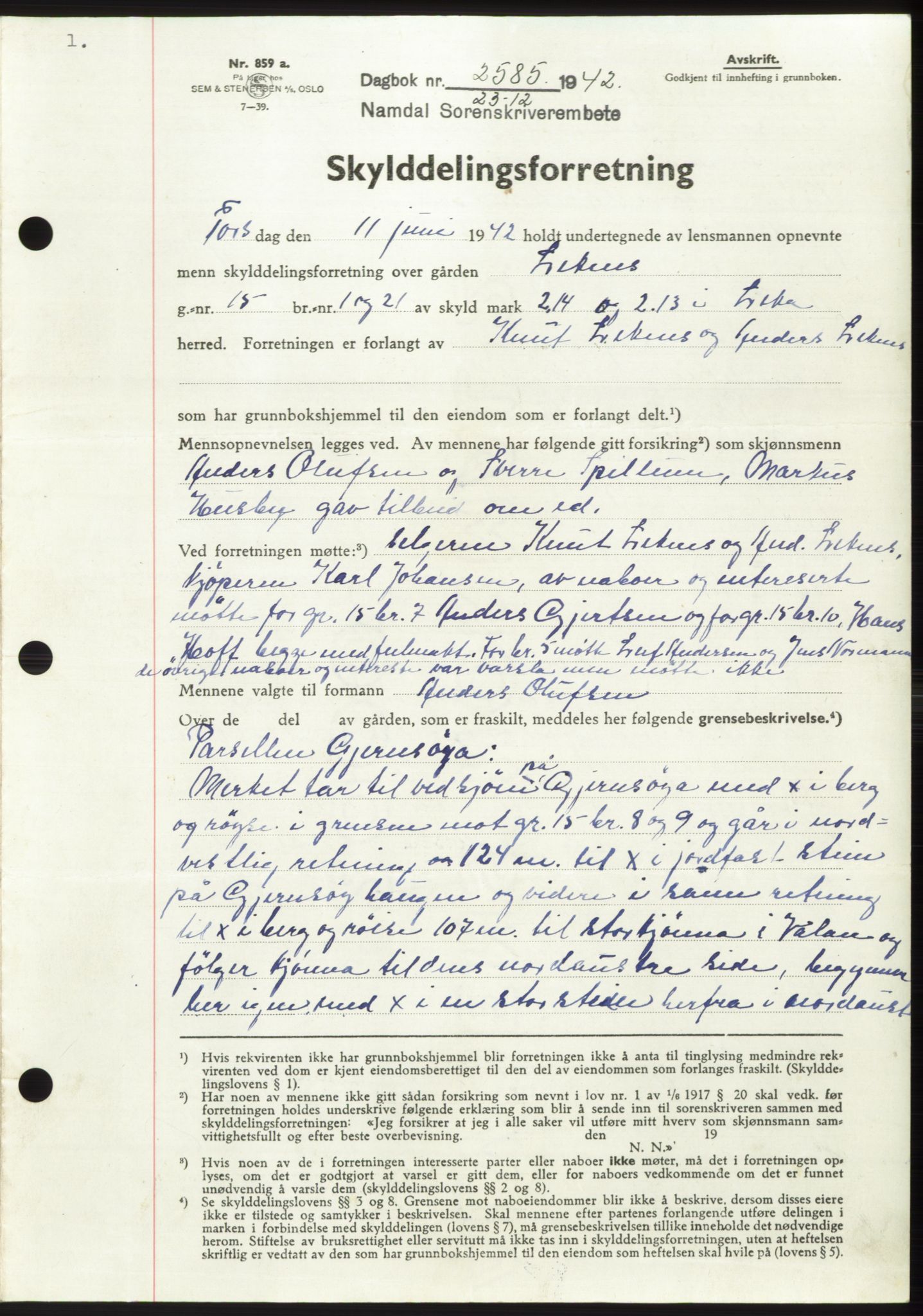 Namdal sorenskriveri, SAT/A-4133/1/2/2C: Pantebok nr. -, 1942-1943, Dagboknr: 2585/1942