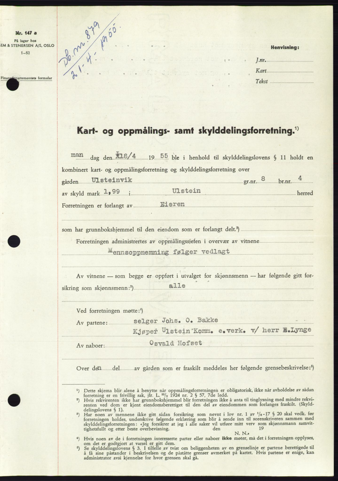 Søre Sunnmøre sorenskriveri, SAT/A-4122/1/2/2C/L0100: Pantebok nr. 26A, 1954-1955, Dagboknr: 879/1955