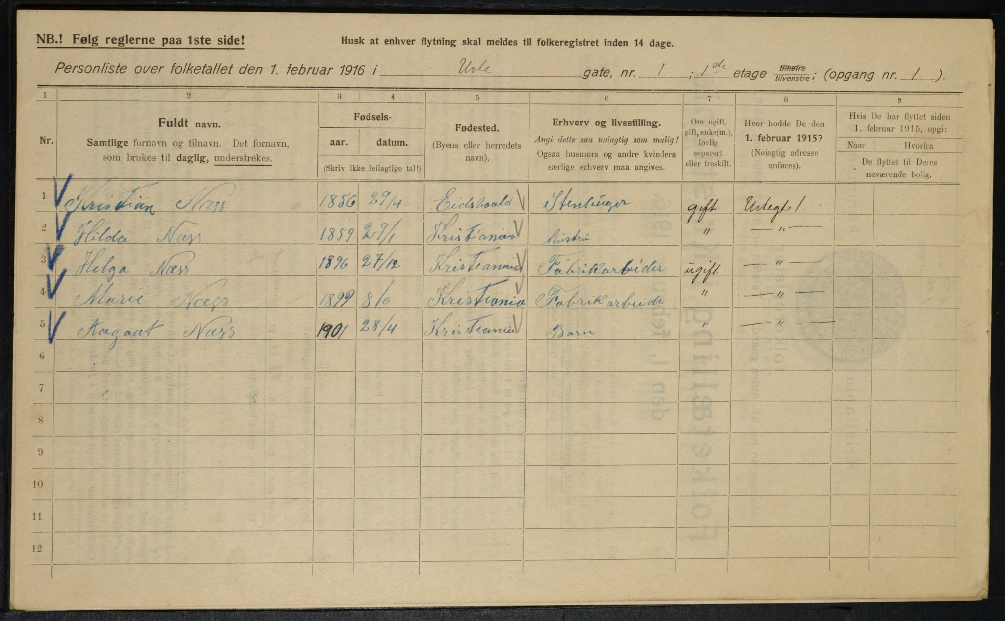 OBA, Kommunal folketelling 1.2.1916 for Kristiania, 1916, s. 124288