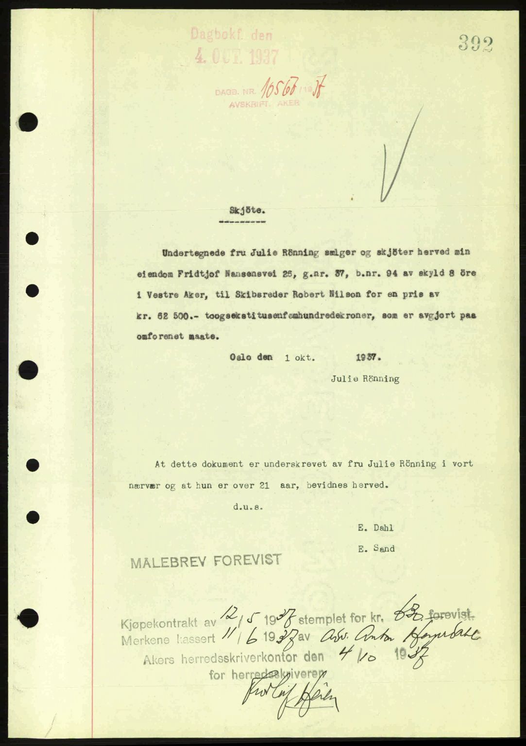 Aker herredsskriveri, SAO/A-10896/G/Gb/Gba/Gbab/L0017: Pantebok nr. A148, 1937-1937, Dagboknr: 10567/1937