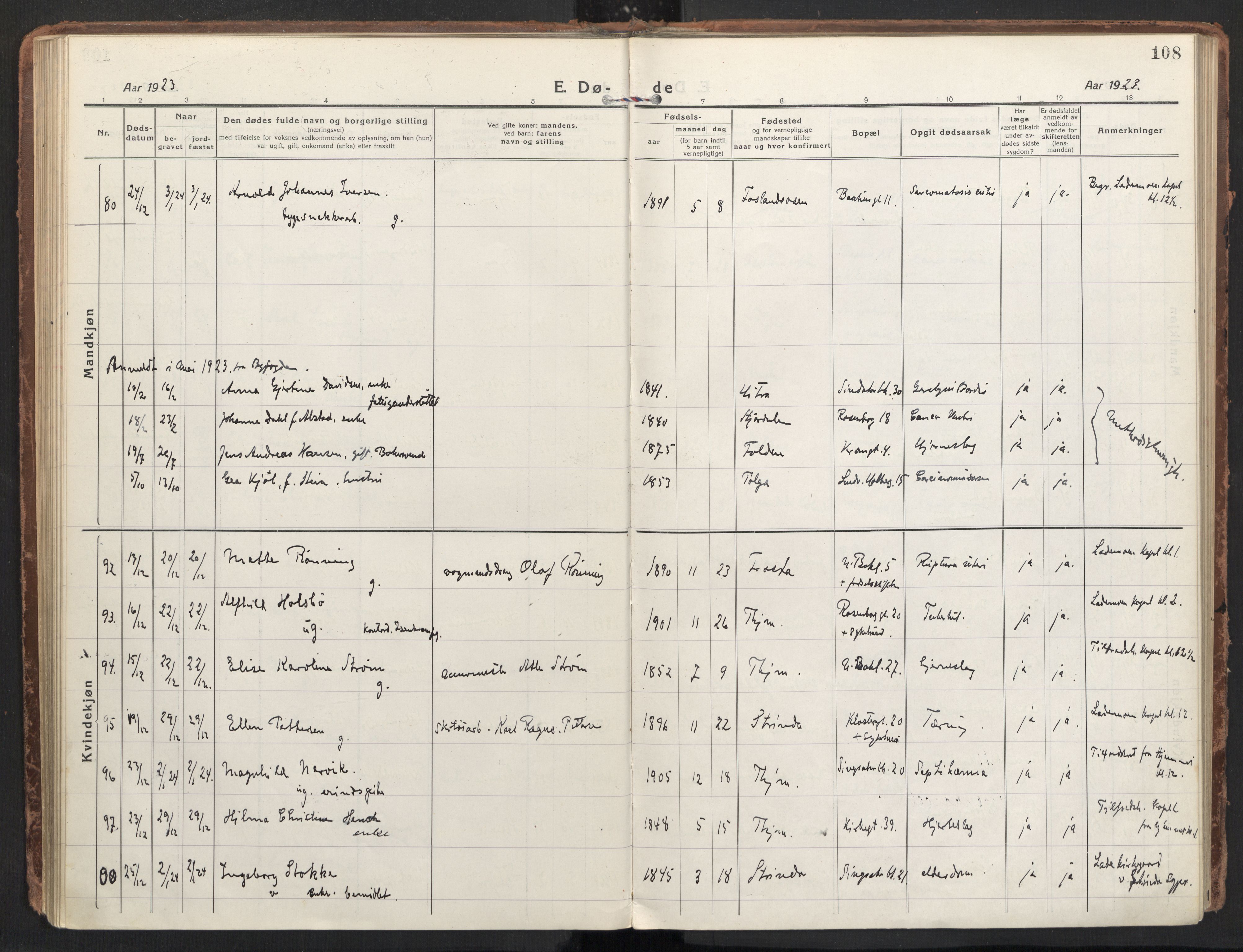 Ministerialprotokoller, klokkerbøker og fødselsregistre - Sør-Trøndelag, AV/SAT-A-1456/604/L0207: Ministerialbok nr. 604A27, 1917-1933, s. 108