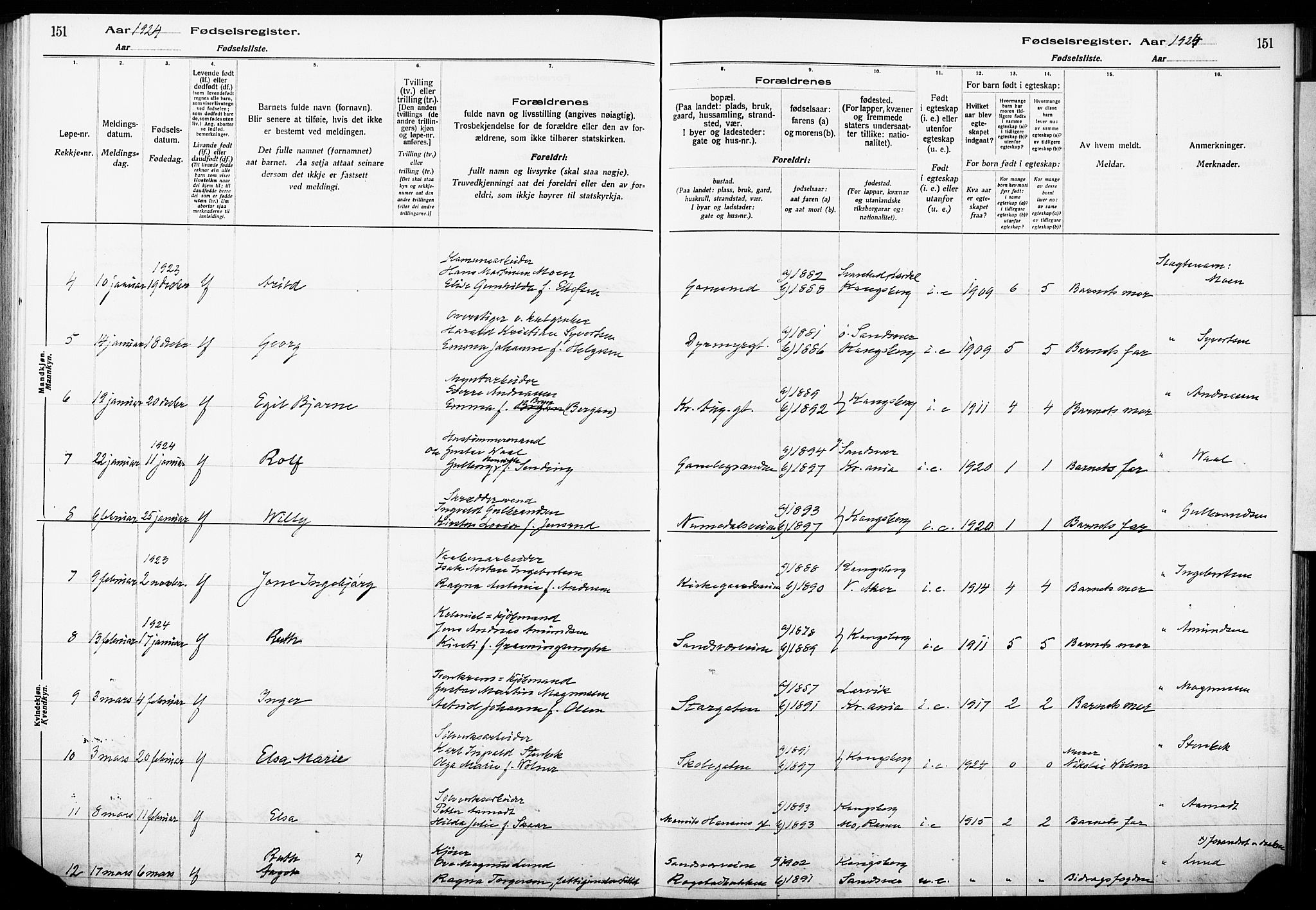 Kongsberg kirkebøker, AV/SAKO-A-22/J/Ja/L0001: Fødselsregister nr. I 1, 1916-1927, s. 151
