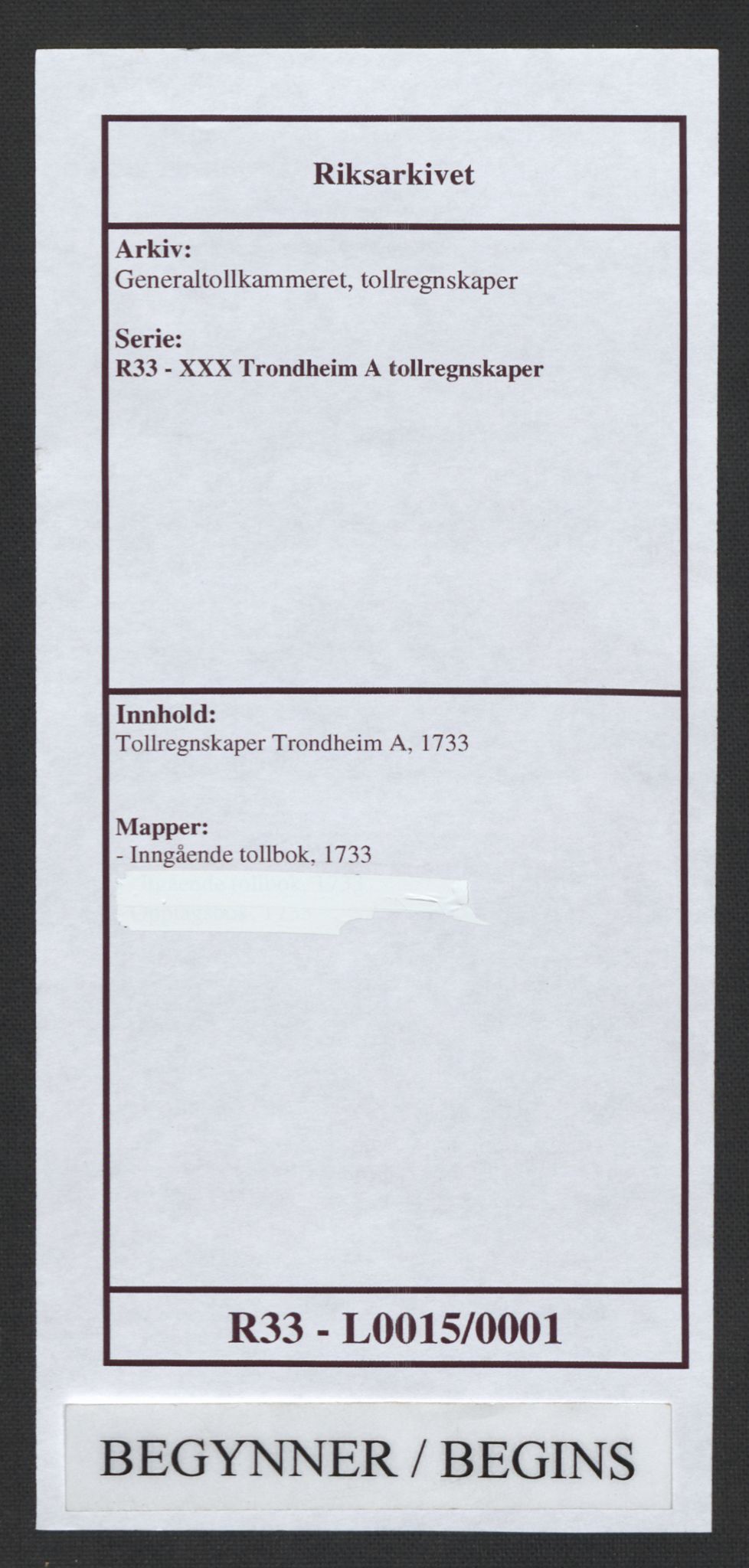 Generaltollkammeret, tollregnskaper, RA/EA-5490/R33/L0015/0001: Tollregnskaper Trondheim A / Inngående tollbok, 1733