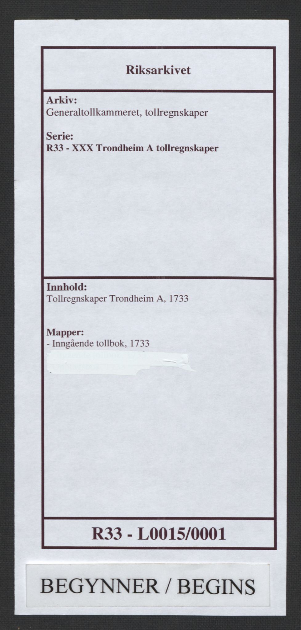 Generaltollkammeret, tollregnskaper, AV/RA-EA-5490/R33/L0015/0001: Tollregnskaper Trondheim A / Inngående tollbok, 1733