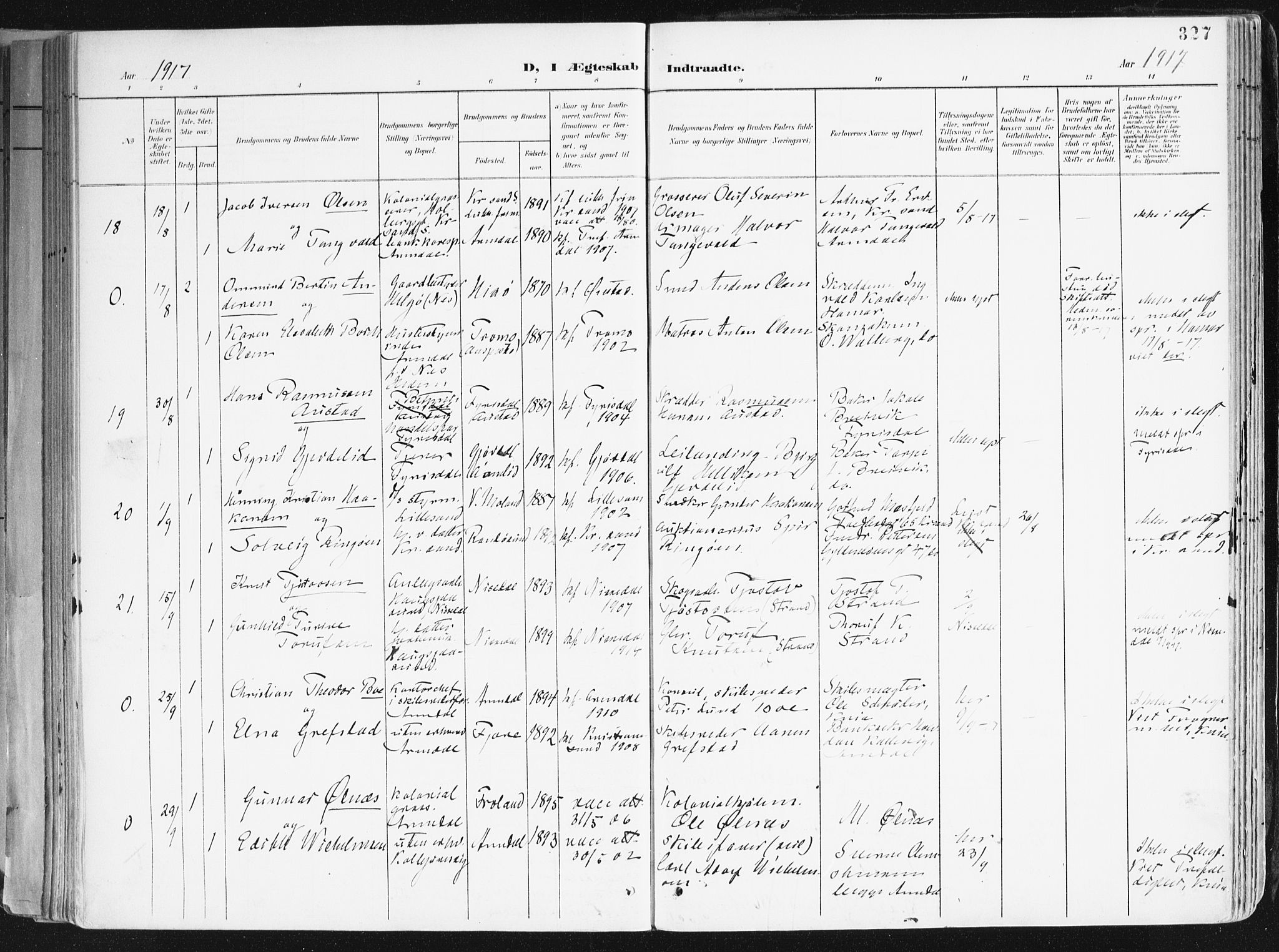 Arendal sokneprestkontor, Trefoldighet, AV/SAK-1111-0040/F/Fa/L0010: Ministerialbok nr. A 10, 1900-1919, s. 327