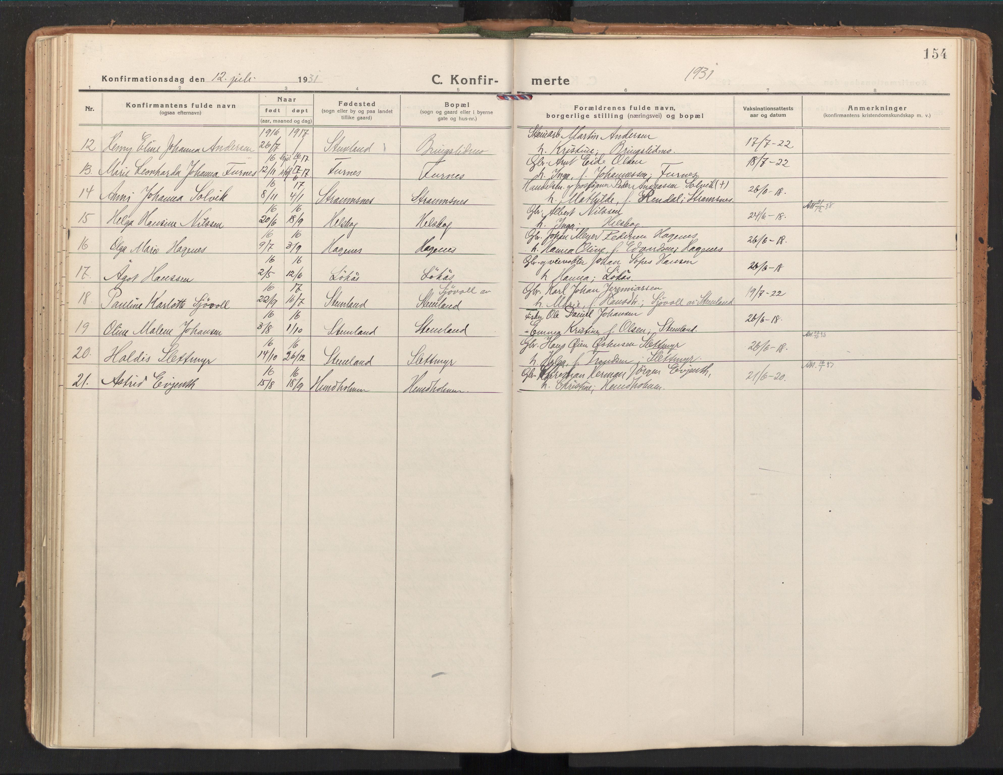 Ministerialprotokoller, klokkerbøker og fødselsregistre - Nordland, AV/SAT-A-1459/851/L0725: Ministerialbok nr. 851A02, 1922-1944, s. 154