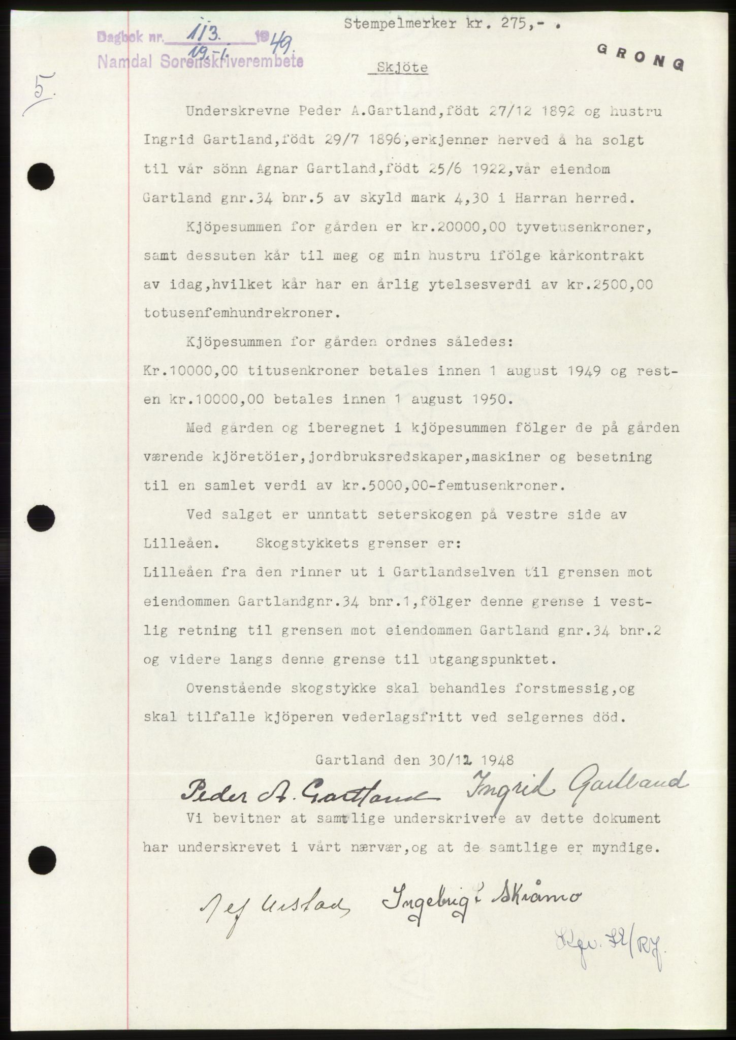 Namdal sorenskriveri, SAT/A-4133/1/2/2C: Pantebok nr. -, 1949-1949, Dagboknr: 113/1949