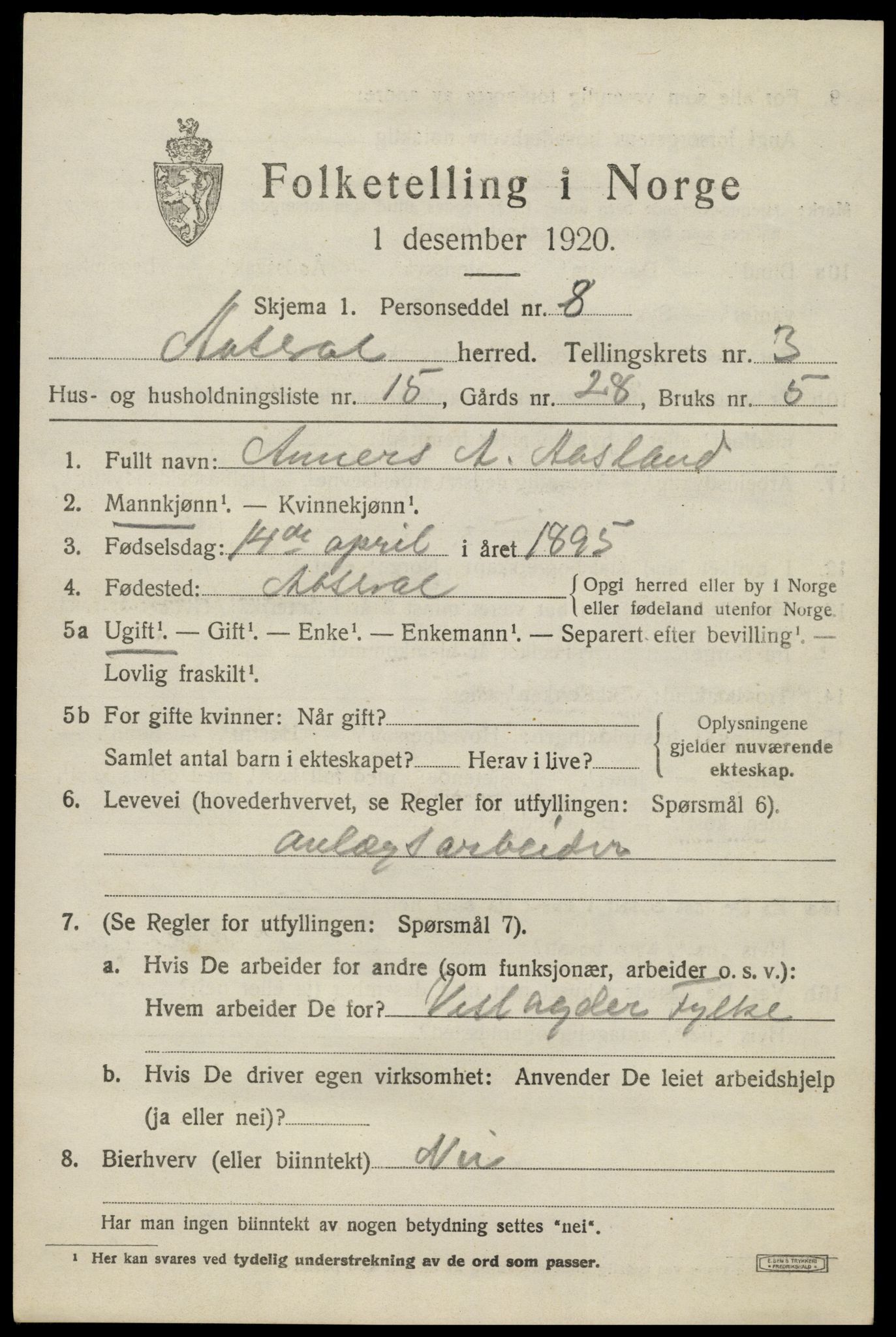 SAK, Folketelling 1920 for 1026 Åseral herred, 1920, s. 1130