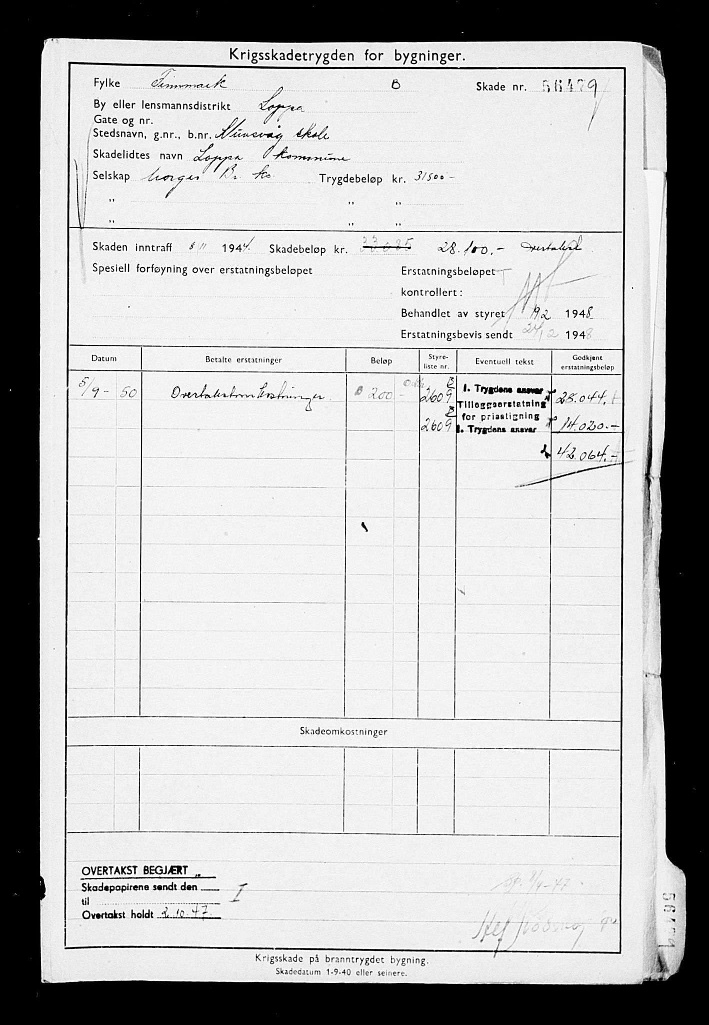 Krigsskadetrygdene for bygninger og løsøre, AV/RA-S-1548/V/L0013: Bygning. Trygdete skader inntruffet etter 1/9-40. Skadenr. 56479-59129. positiv Original, 1940-1945