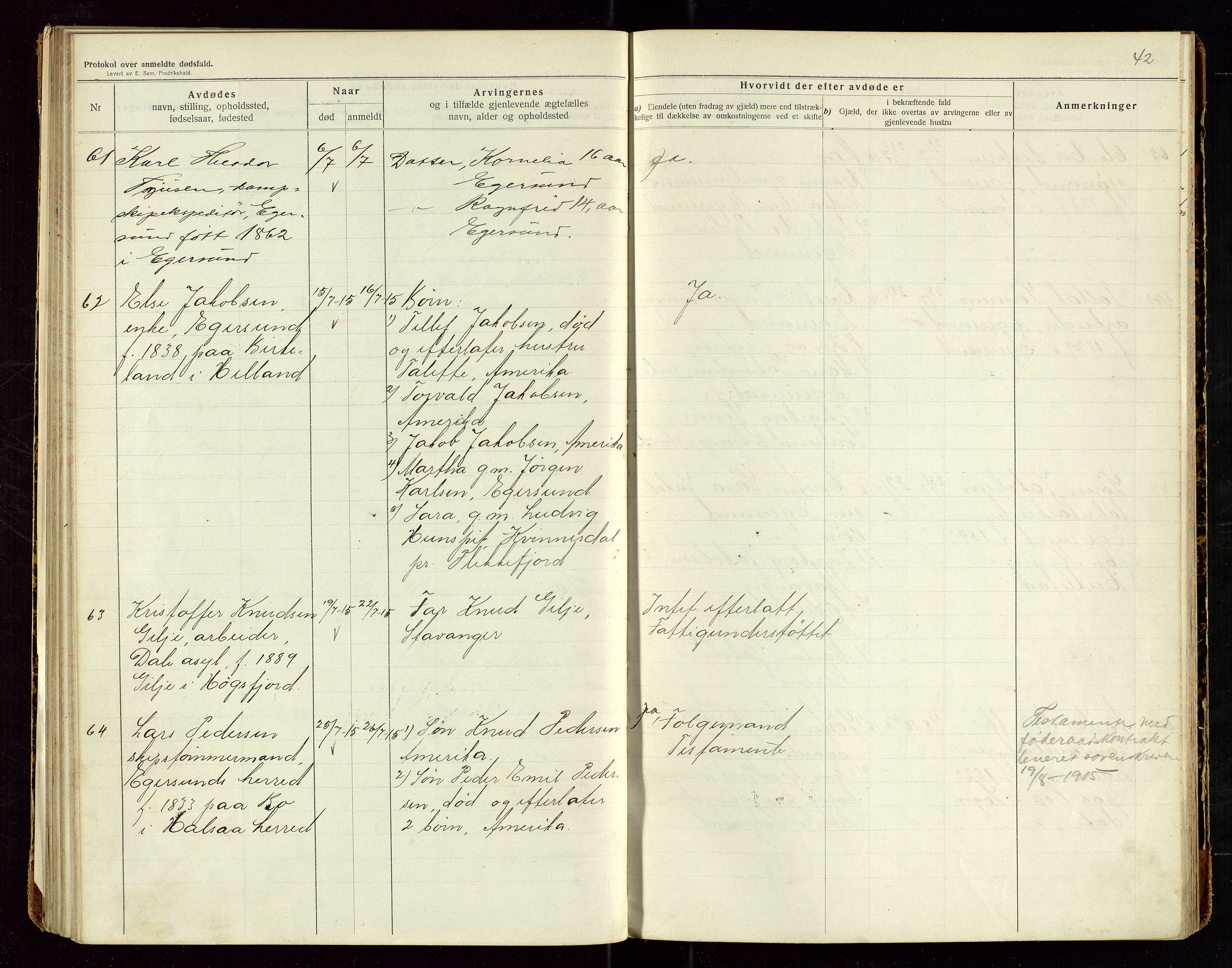 Eigersund lensmannskontor, AV/SAST-A-100171/Gga/L0006: "Protokol over anmeldte dødsfald" m/alfabetisk navneregister, 1914-1917, s. 42