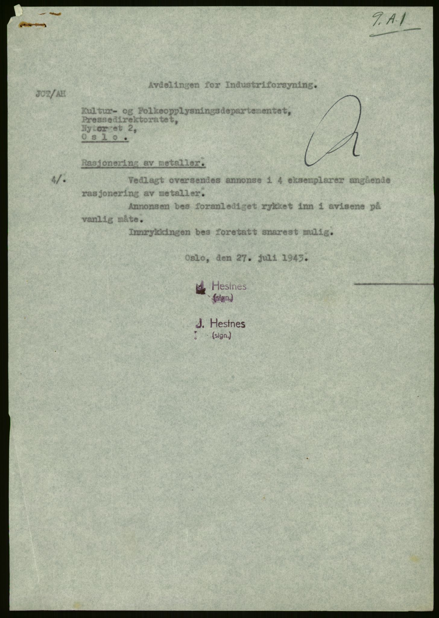 Direktoratet for industriforsyning, Sekretariatet, AV/RA-S-4153/D/Df/L0054: 9. Metallkontoret, 1940-1945, s. 13