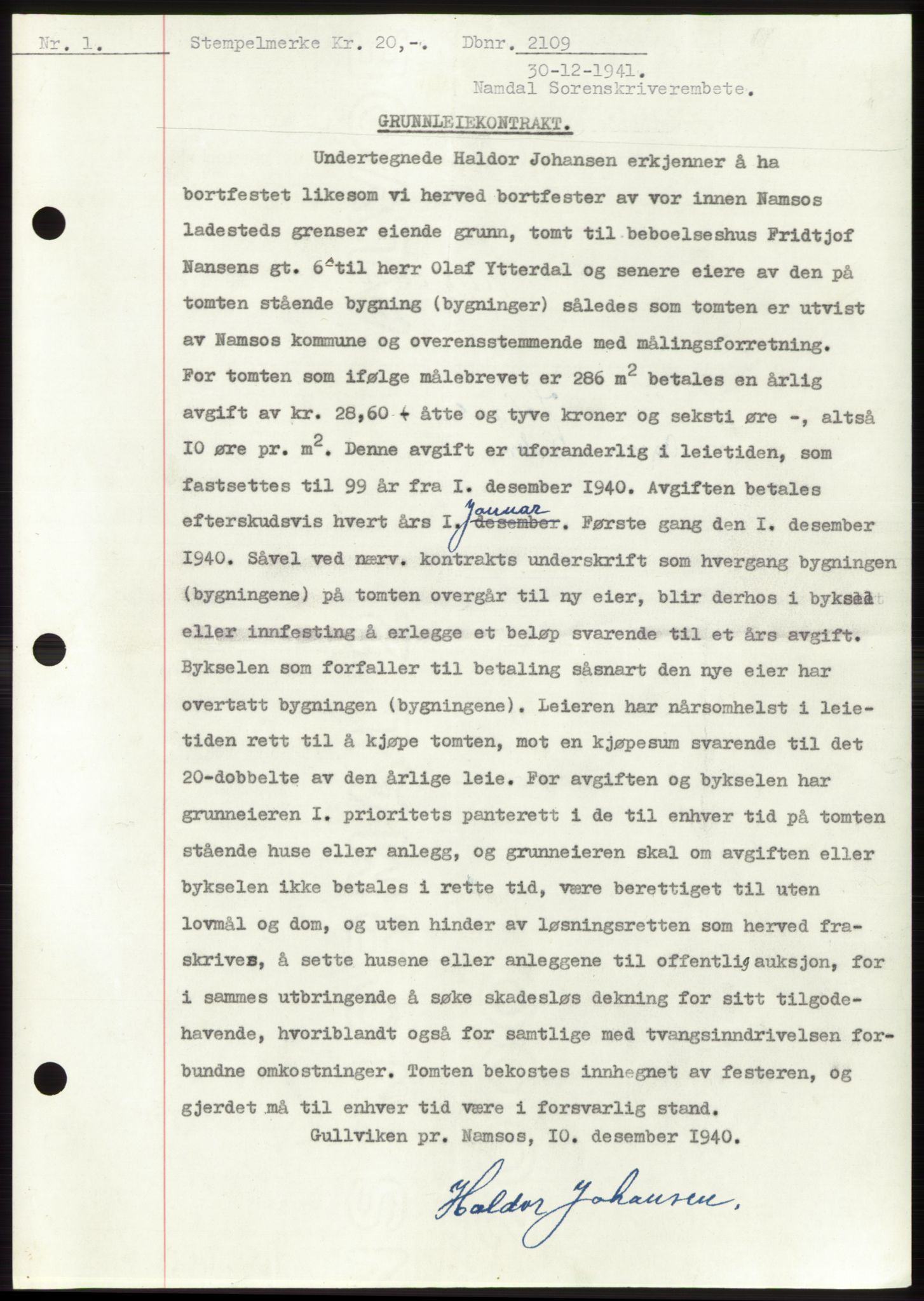 Namdal sorenskriveri, SAT/A-4133/1/2/2C: Pantebok nr. -, 1941-1942, Dagboknr: 2109/1941