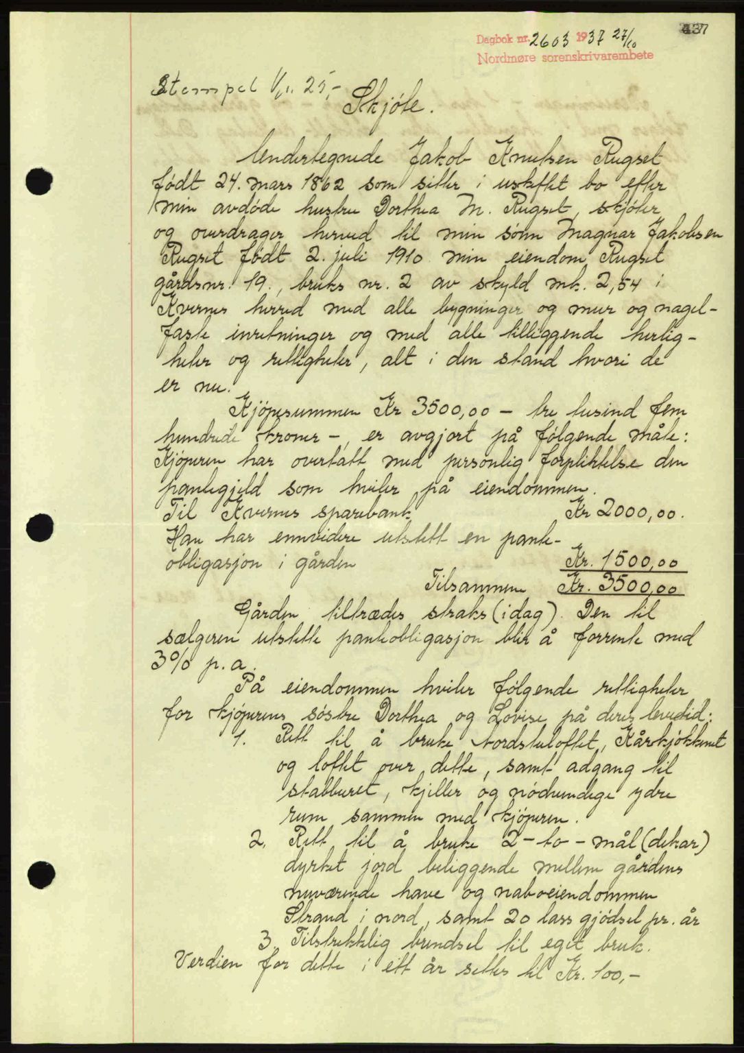 Nordmøre sorenskriveri, AV/SAT-A-4132/1/2/2Ca: Pantebok nr. A82, 1937-1938, Dagboknr: 2603/1937